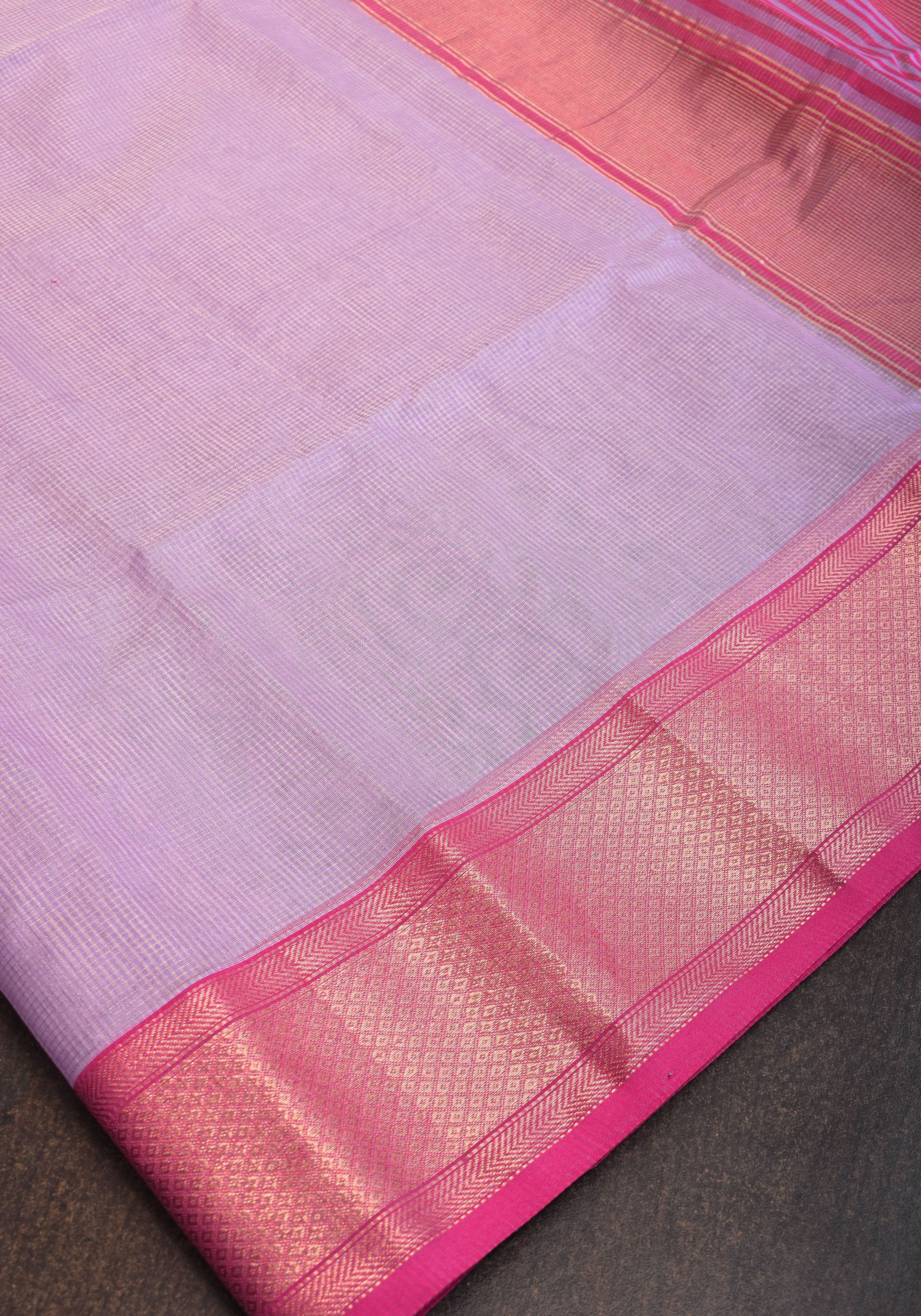Handwoven Maheshwari silk cotton saree in Lilac with Pink | Shobitam