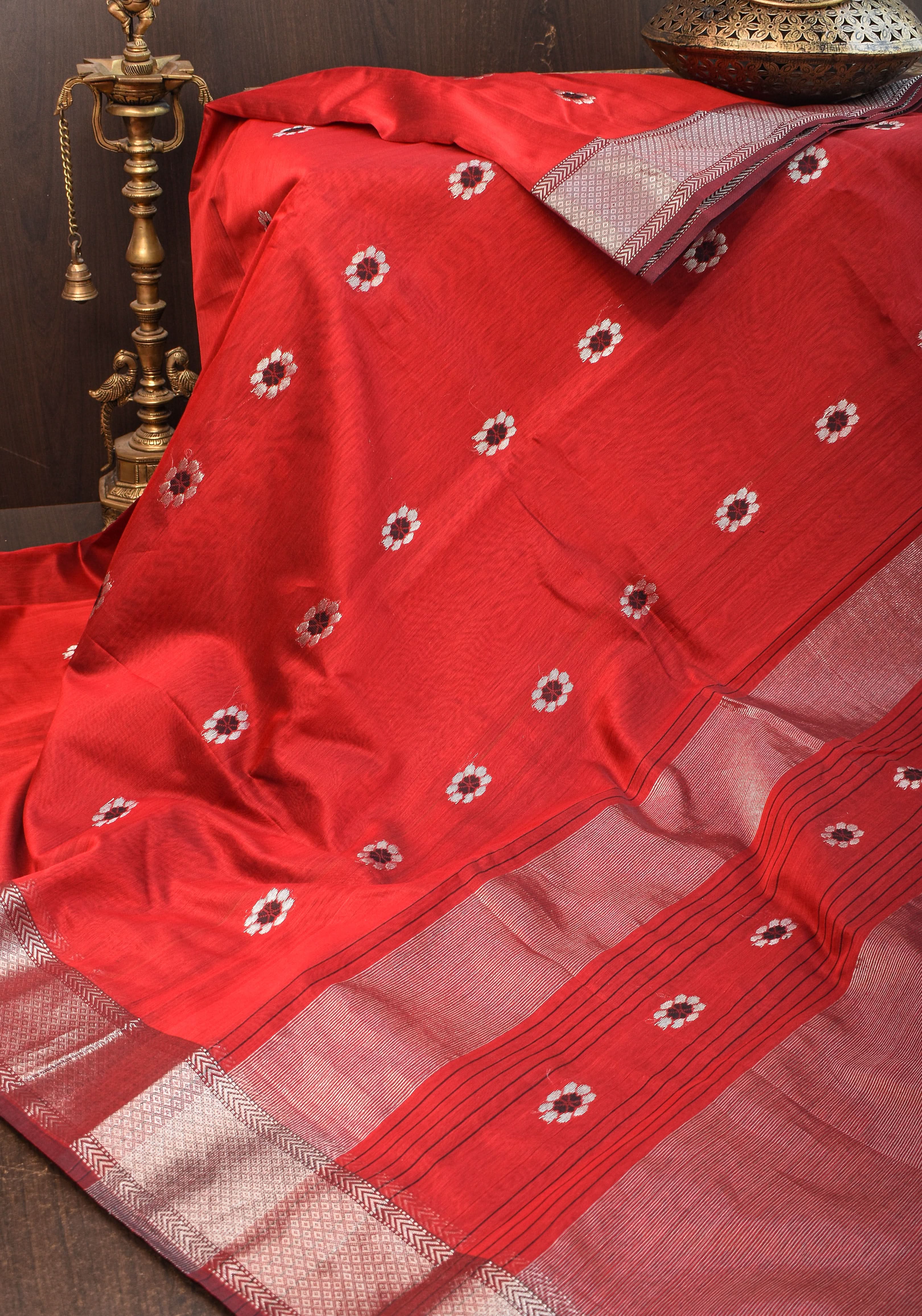 Exquisite Meenakari Handwoven Maheshwari Silk Cotton Saree in Red with meenakari buttas | Shobitam