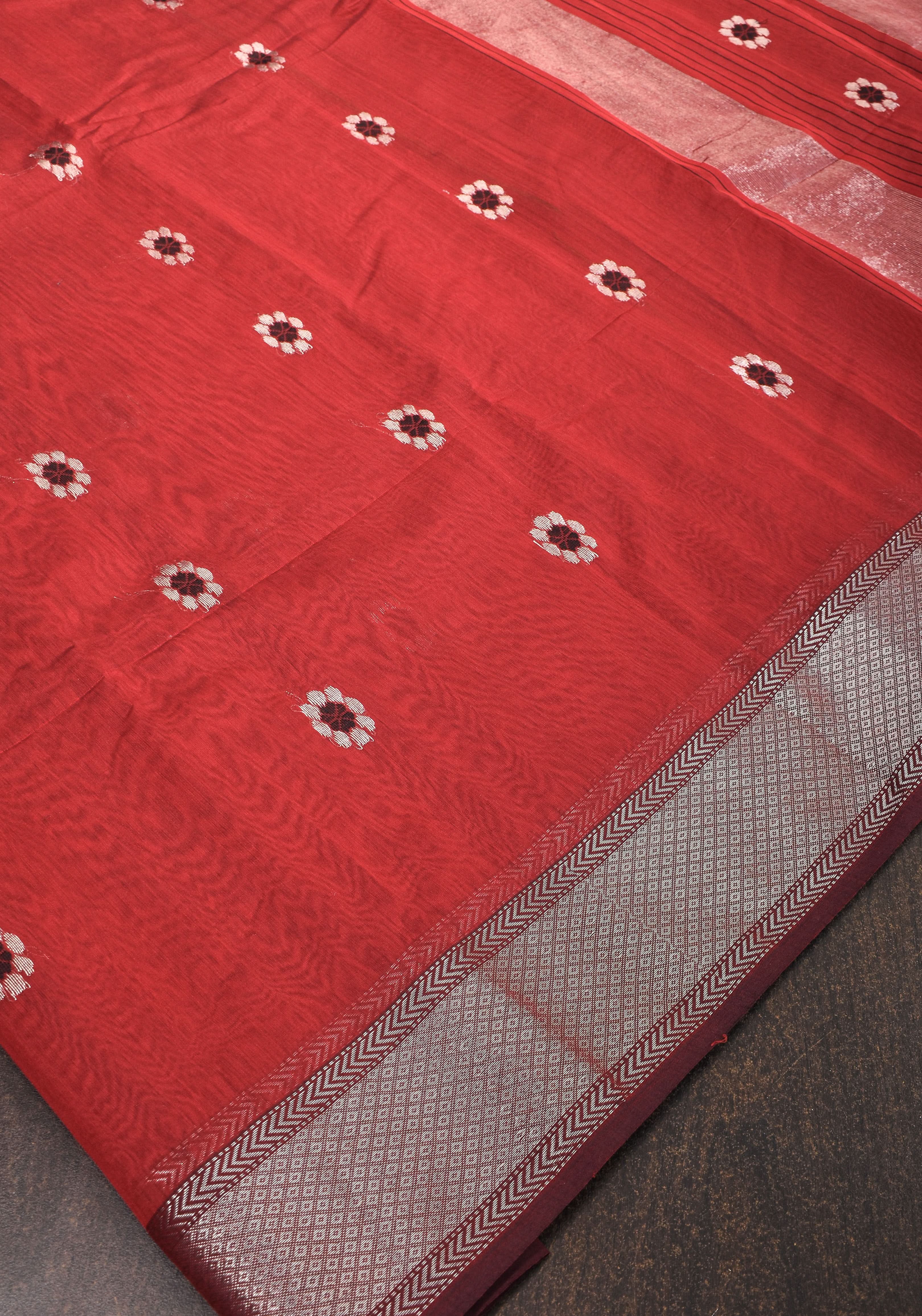 Exquisite Meenakari Handwoven Maheshwari Silk Cotton Saree in Red with meenakari buttas | Shobitam