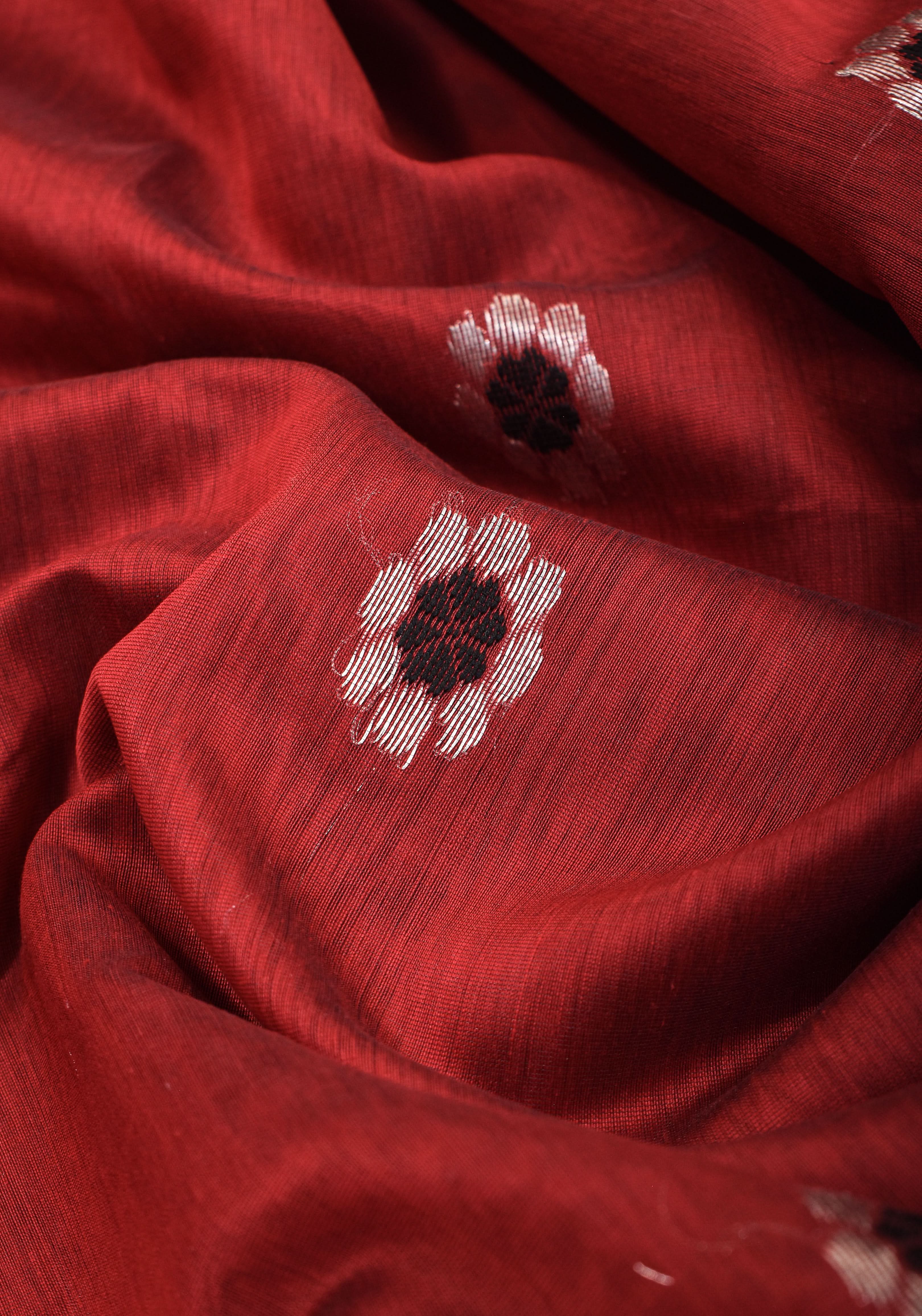 Exquisite Meenakari Handwoven Maheshwari Silk Cotton Saree in Red with meenakari buttas | Shobitam