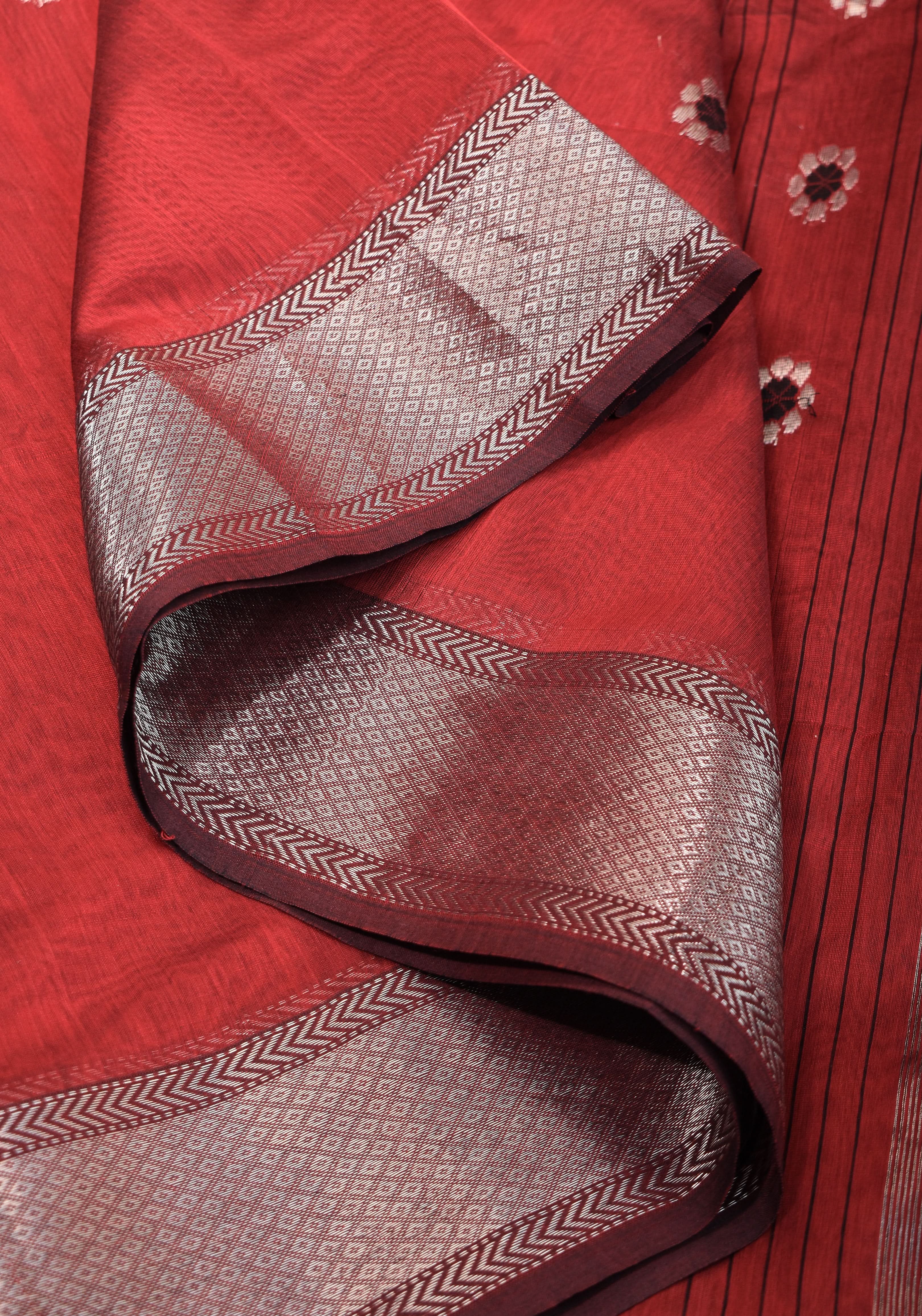 Exquisite Meenakari Handwoven Maheshwari Silk Cotton Saree in Red with meenakari buttas | Shobitam