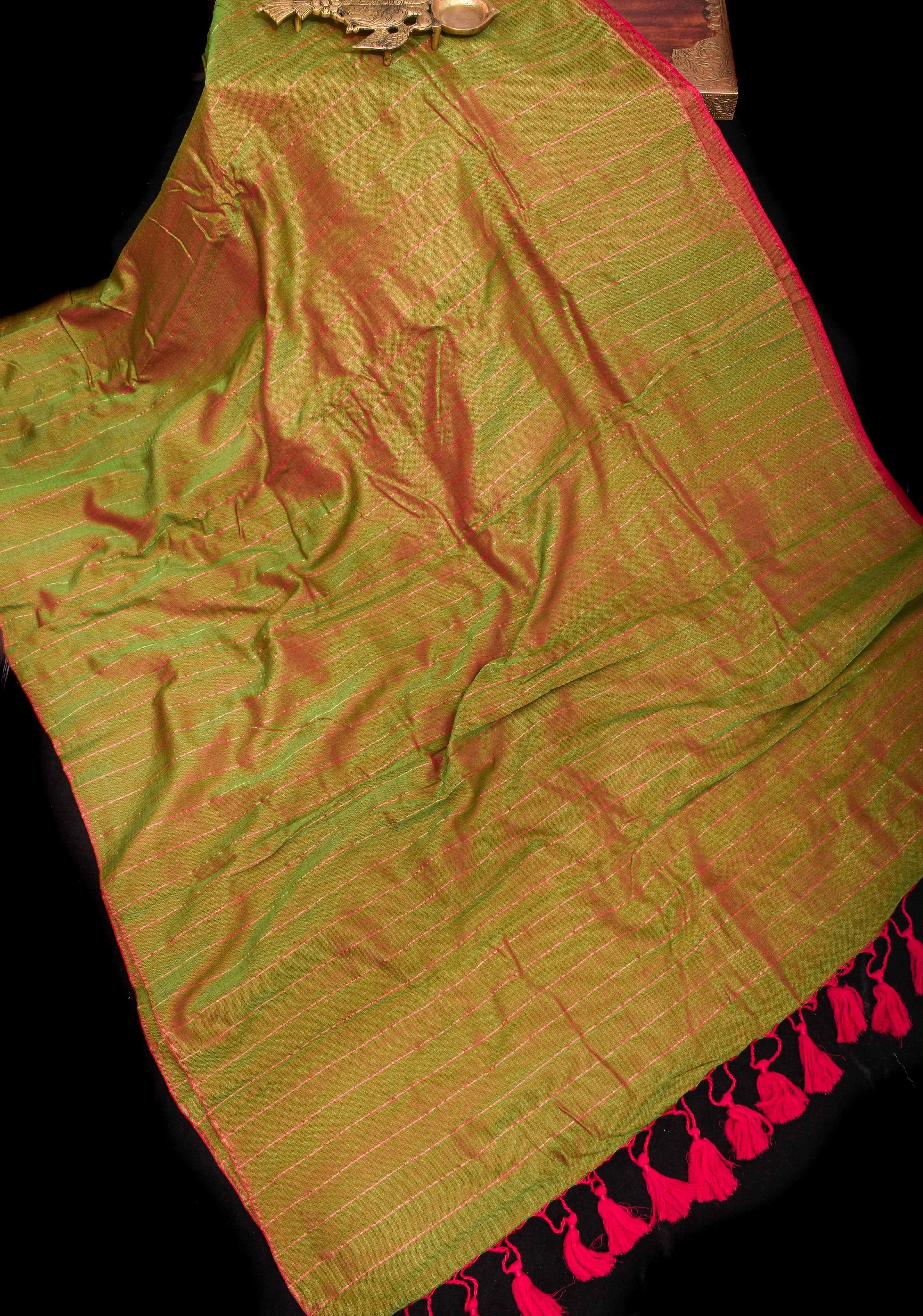 Green and Red Dual tone Handwoven Maheshwari Silk Cotton Saree with Zari Stripes | Shobitam