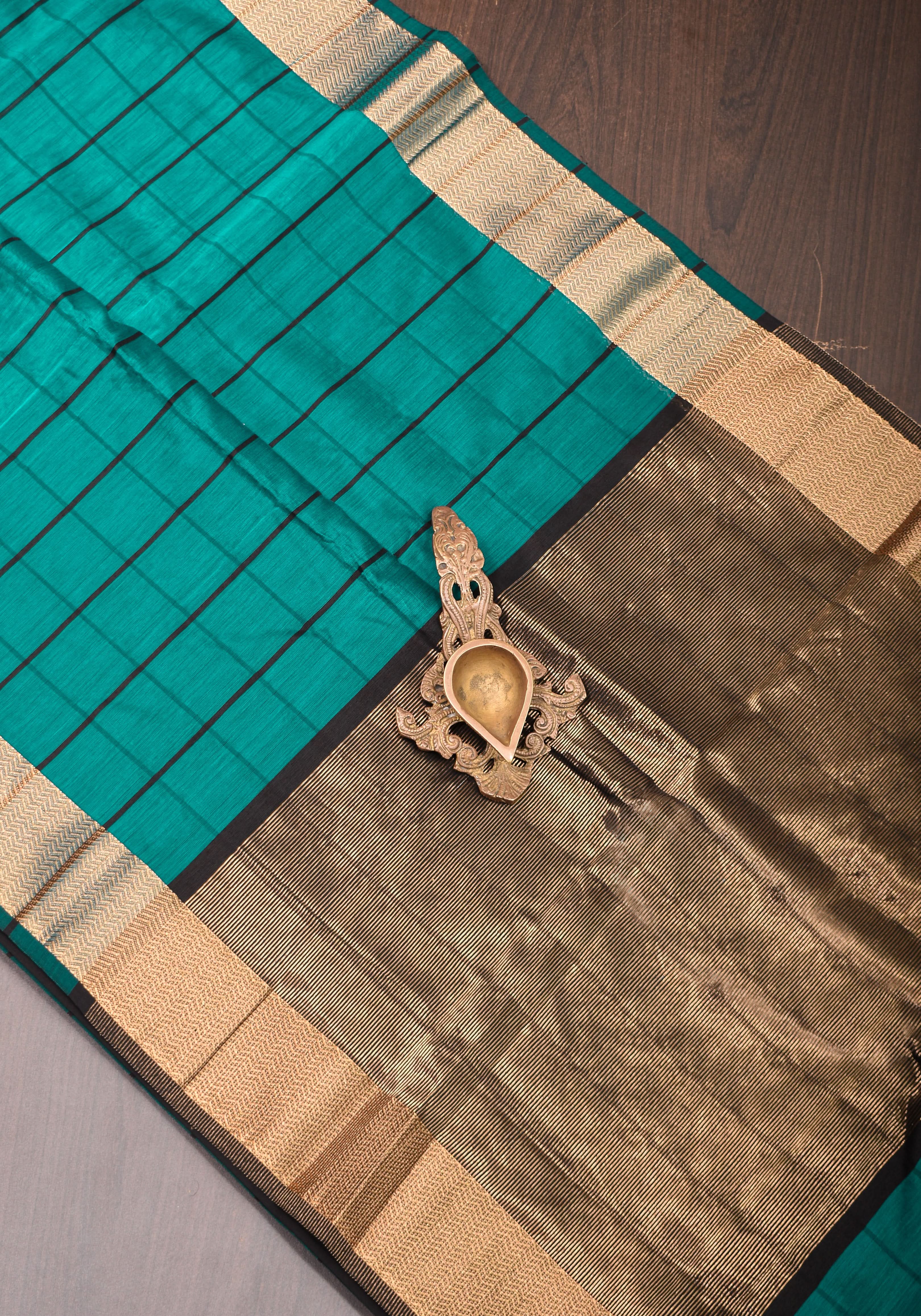 Handwoven Maheshwari Silk Cotton Saree in Teal and Gold with checks | Shobitam