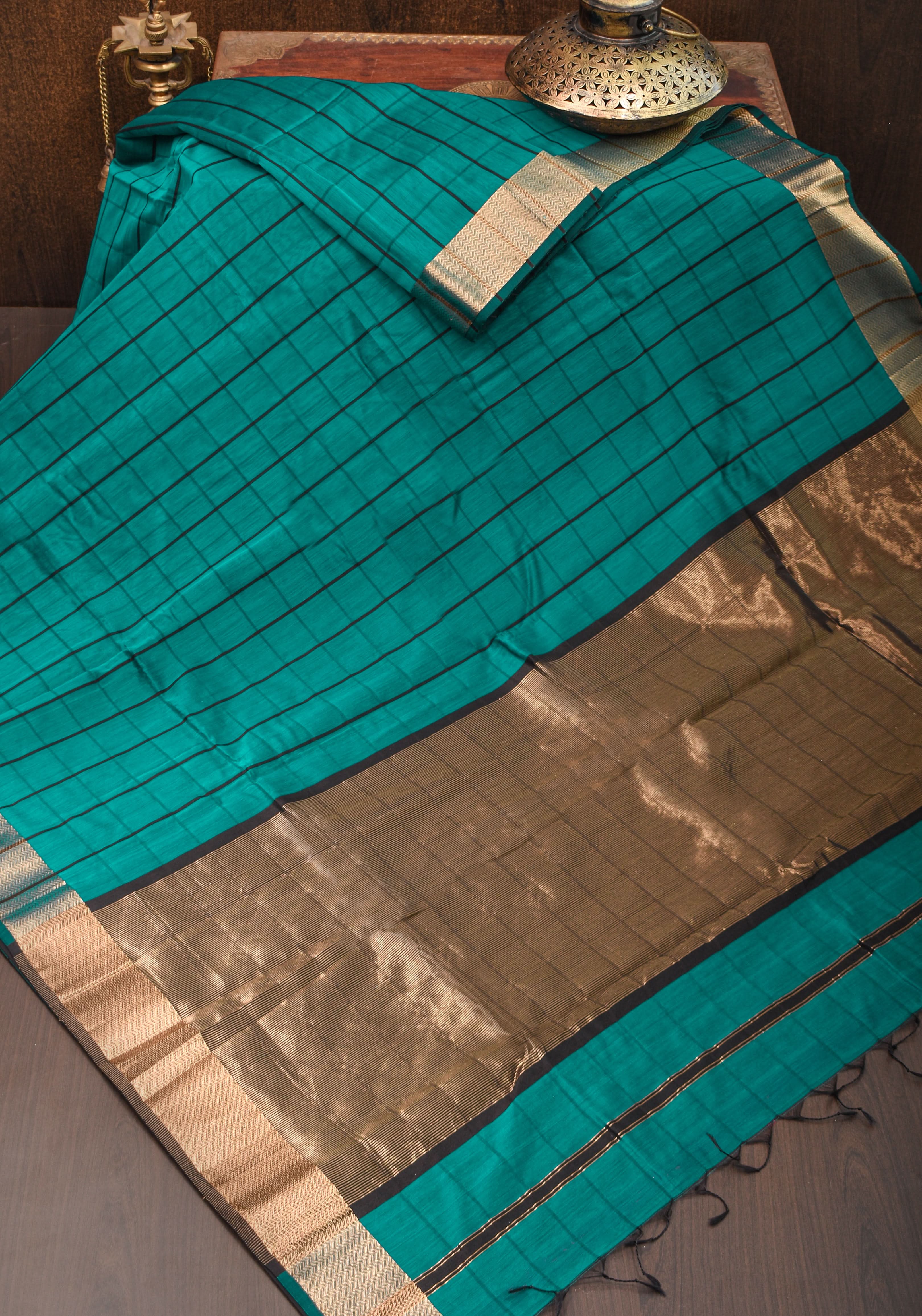 Handwoven Maheshwari Silk Cotton Saree in Teal and Gold with checks | Shobitam