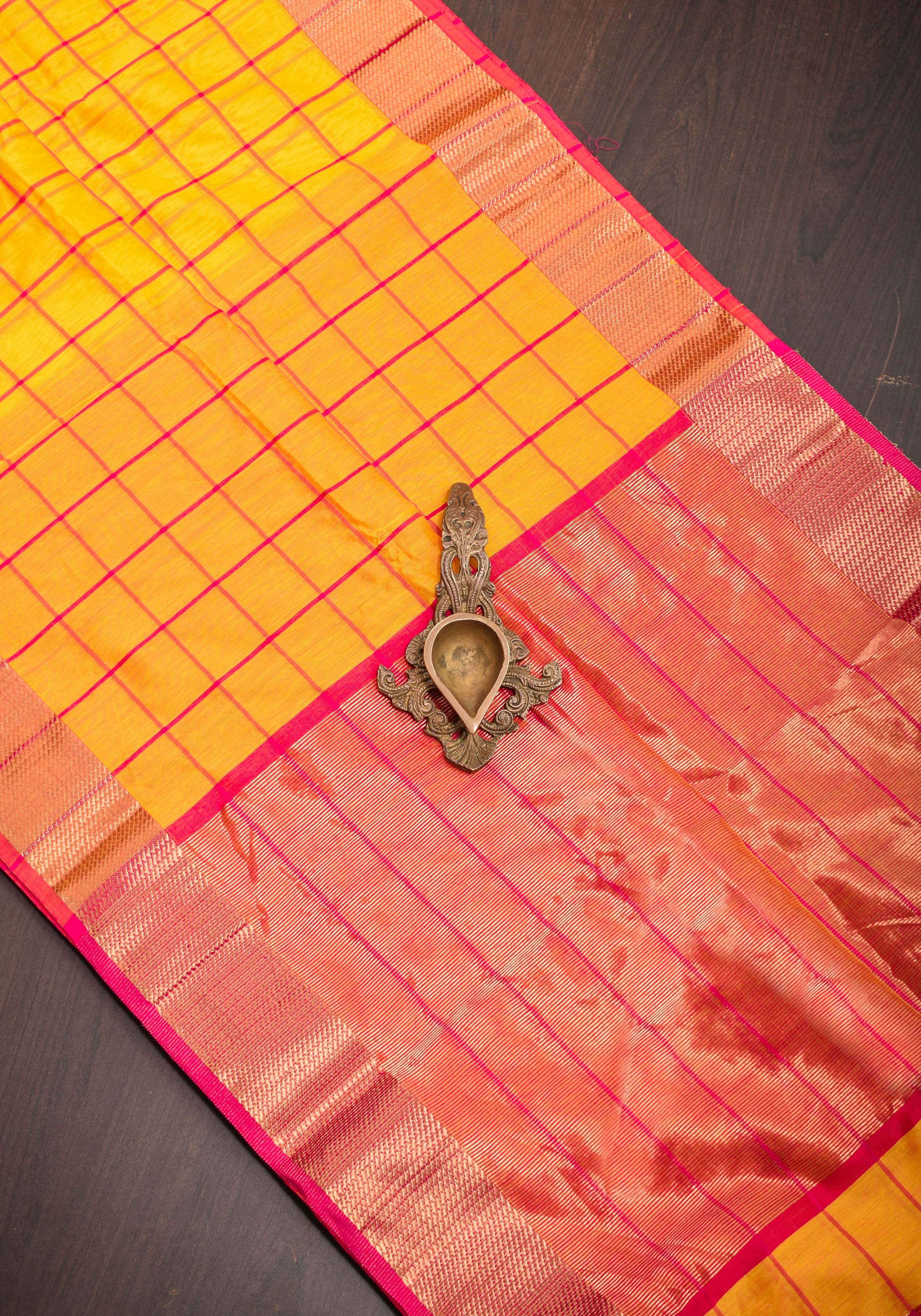 Handwoven Maheshwari Silk Cotton Saree in Yellow and Gold with checks | Shobitam