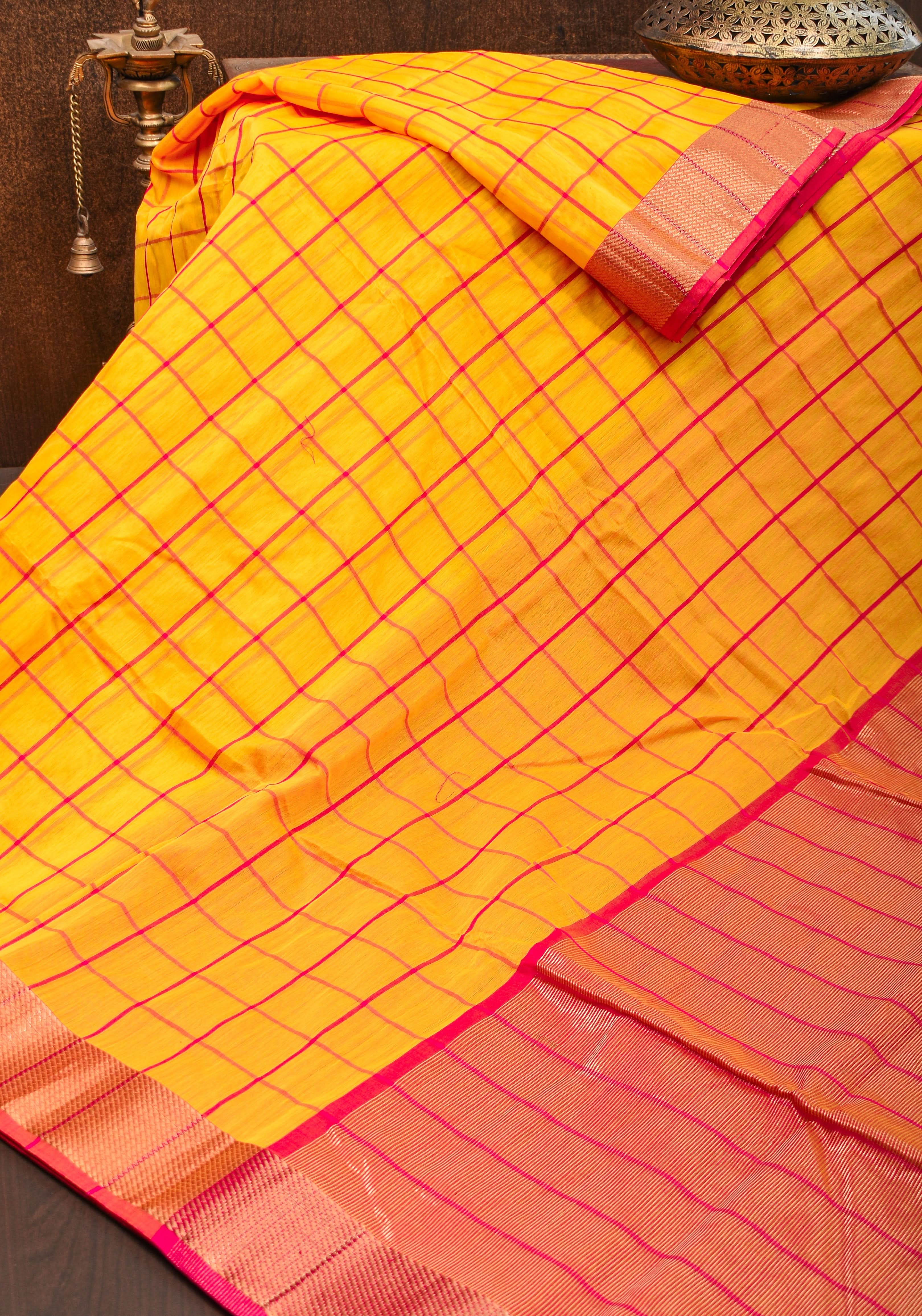 Handwoven Maheshwari Silk Cotton Saree in Yellow and Gold with checks | Shobitam