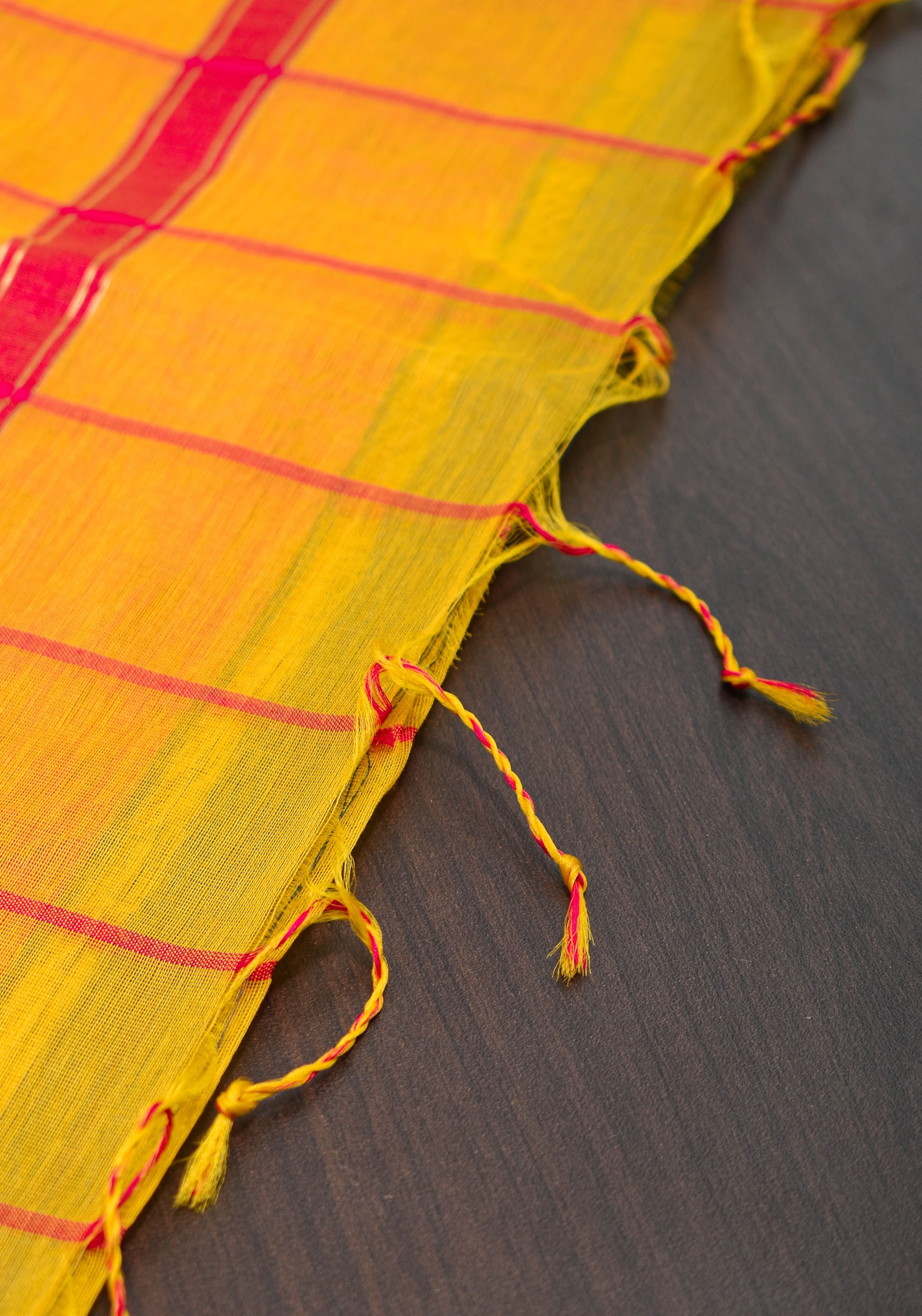 Handwoven Maheshwari Silk Cotton Saree in Yellow and Gold with checks | Shobitam