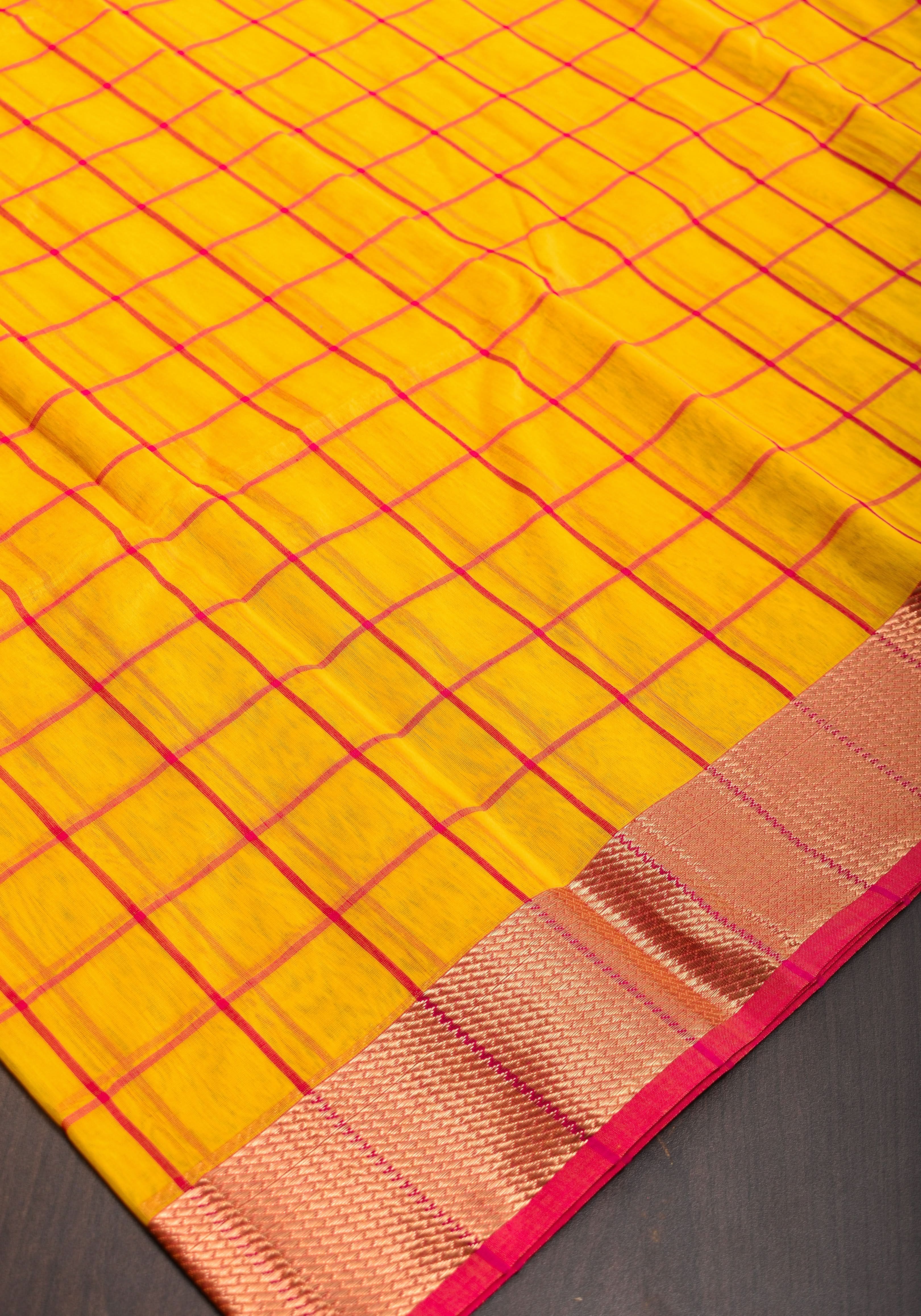 Handwoven Maheshwari Silk Cotton Saree in Yellow and Gold with checks | Shobitam