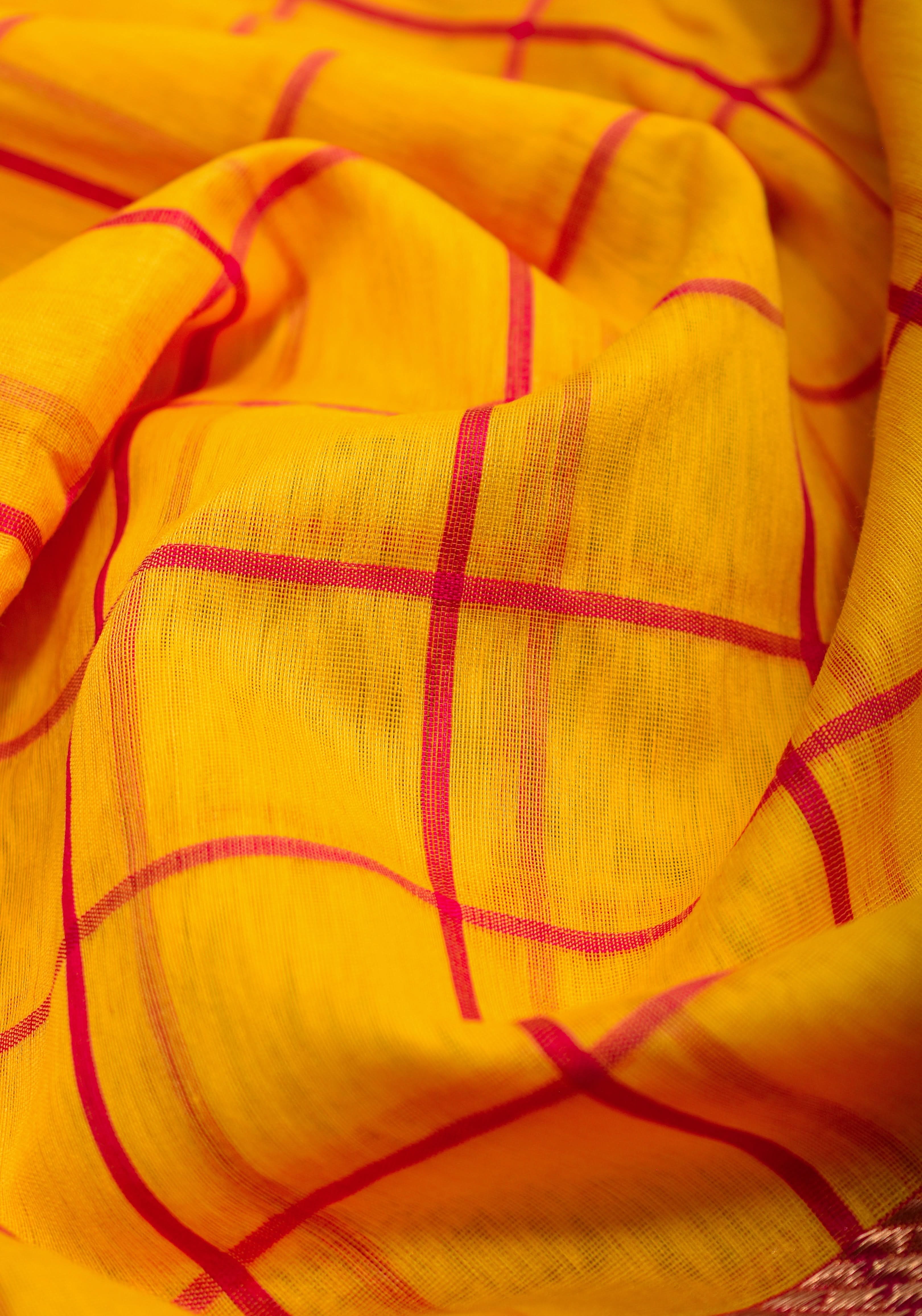 Handwoven Maheshwari Silk Cotton Saree in Yellow and Gold with checks | Shobitam
