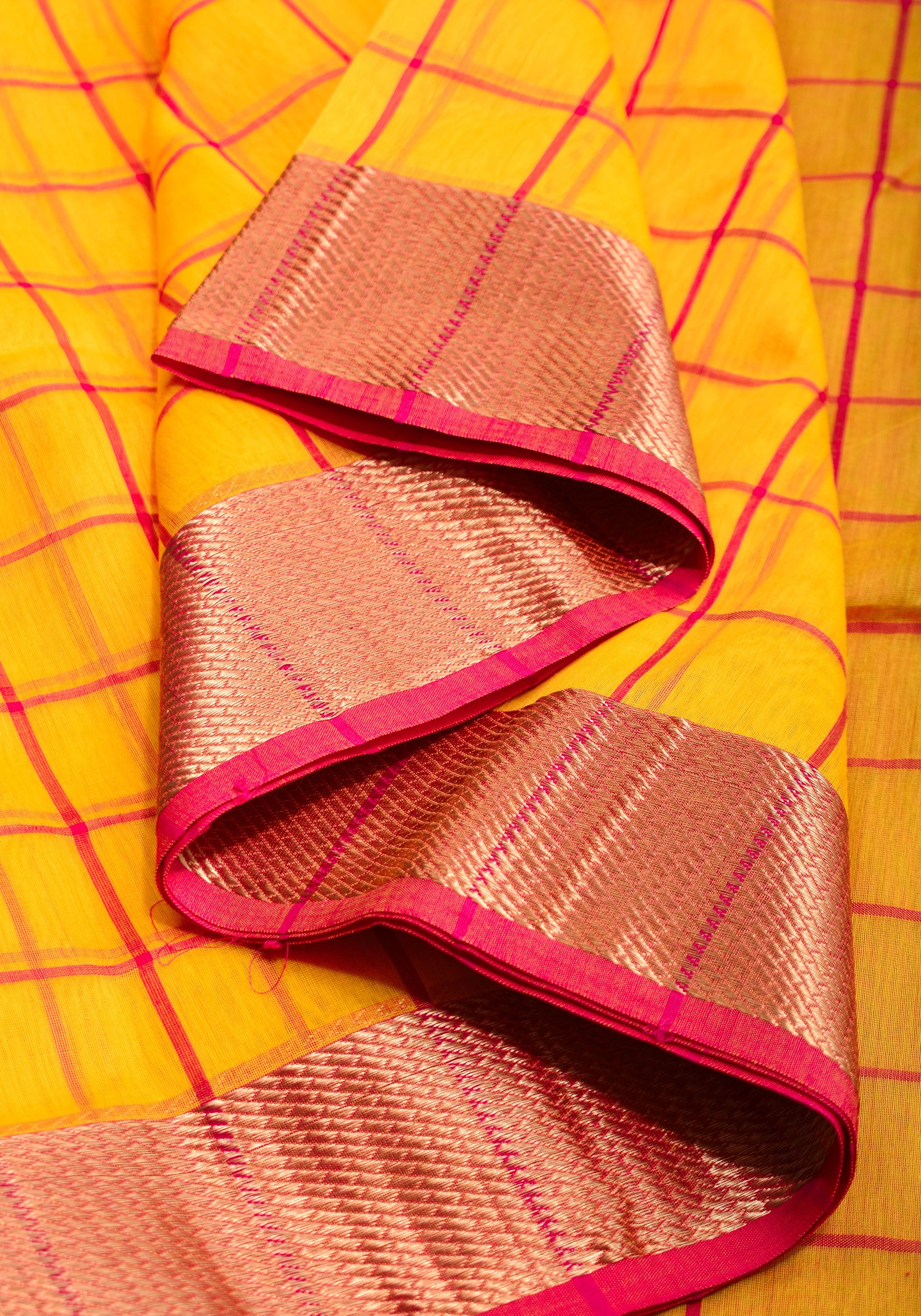 Handwoven Maheshwari Silk Cotton Saree in Yellow and Gold with checks | Shobitam