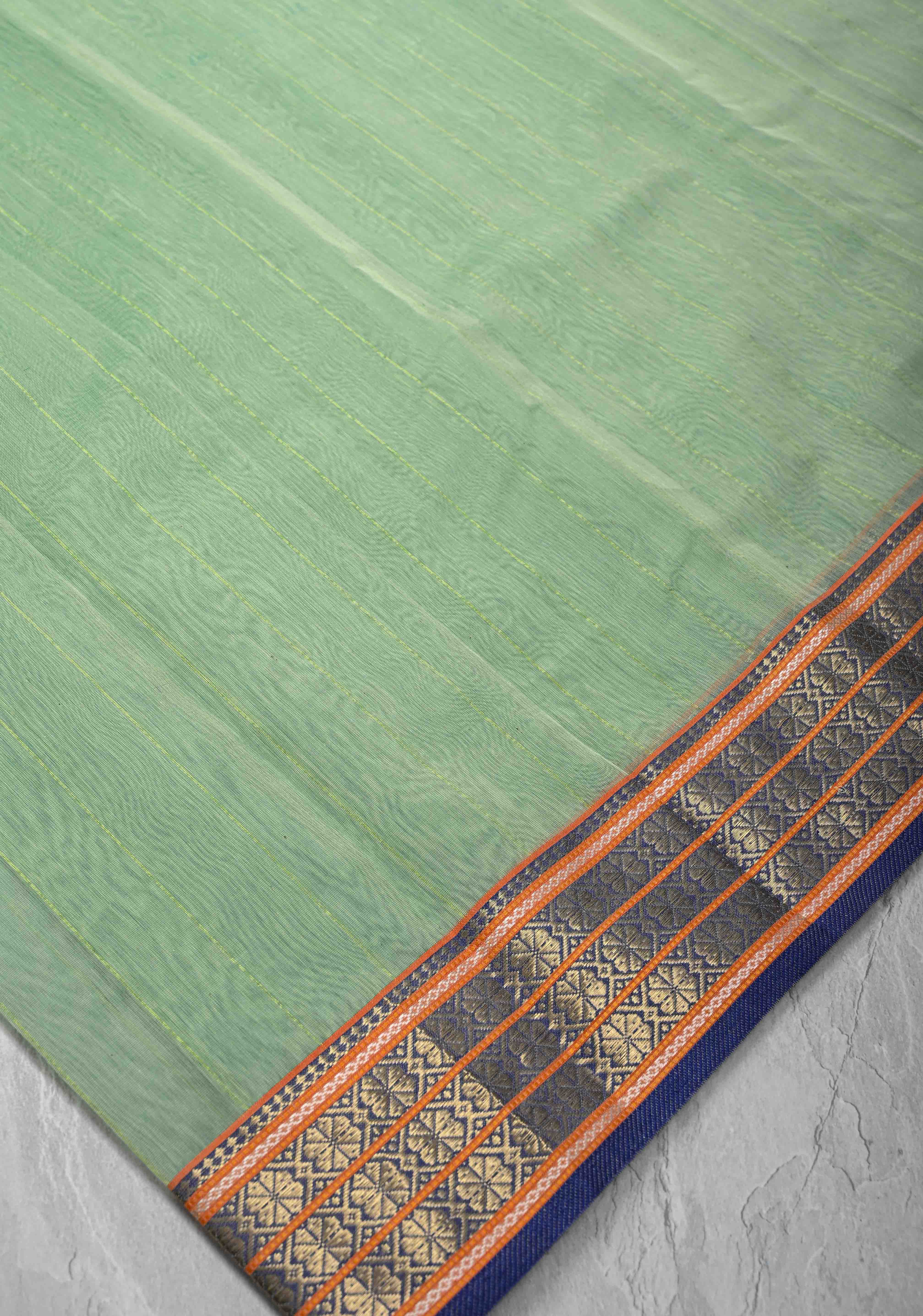Mint Green Handwoven Maheshwari Silk Cotton Saree with Muted Stripes And Zari Border | Shobitam
