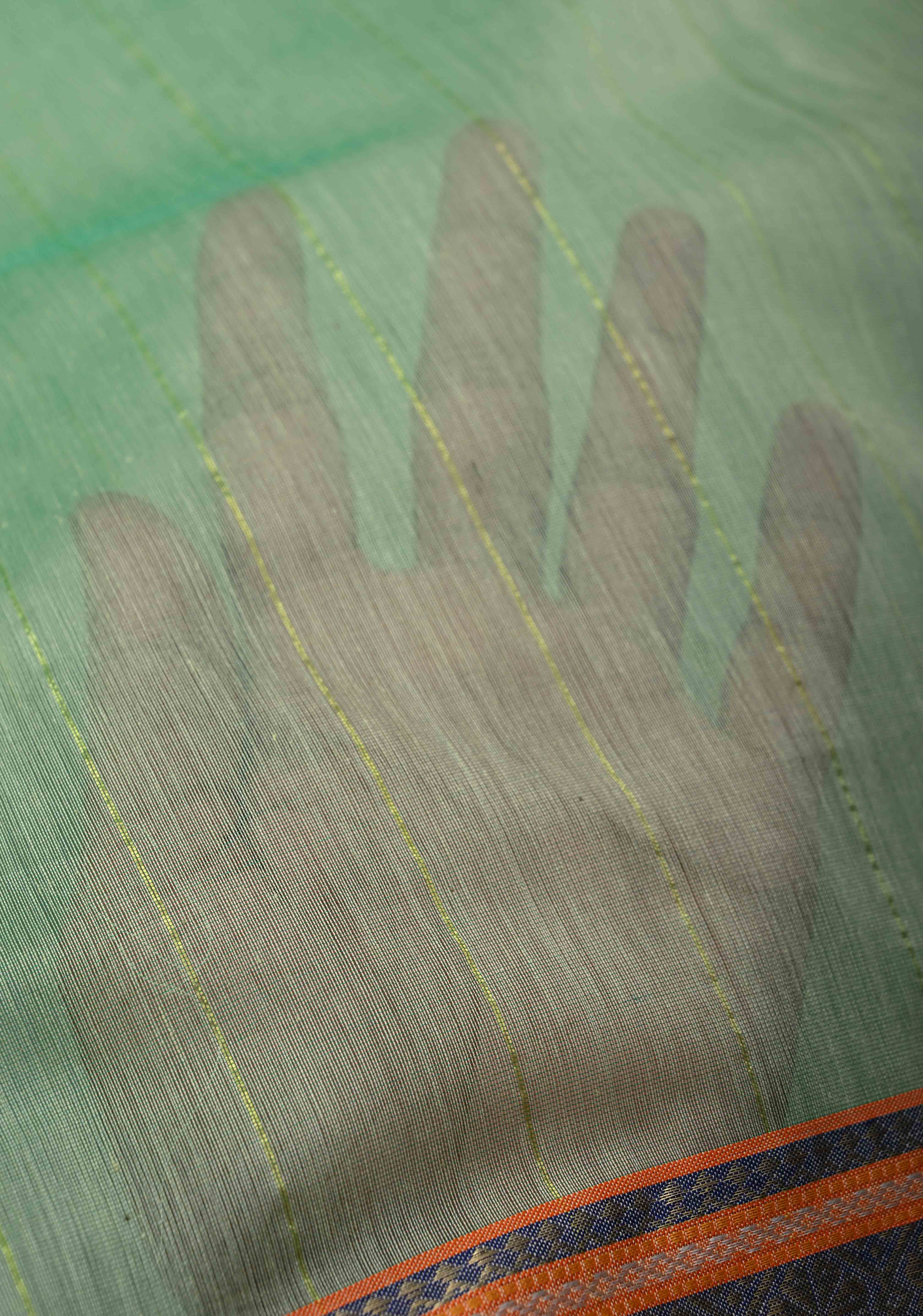 Mint Green Handwoven Maheshwari Silk Cotton Saree with Muted Stripes And Zari Border | Shobitam