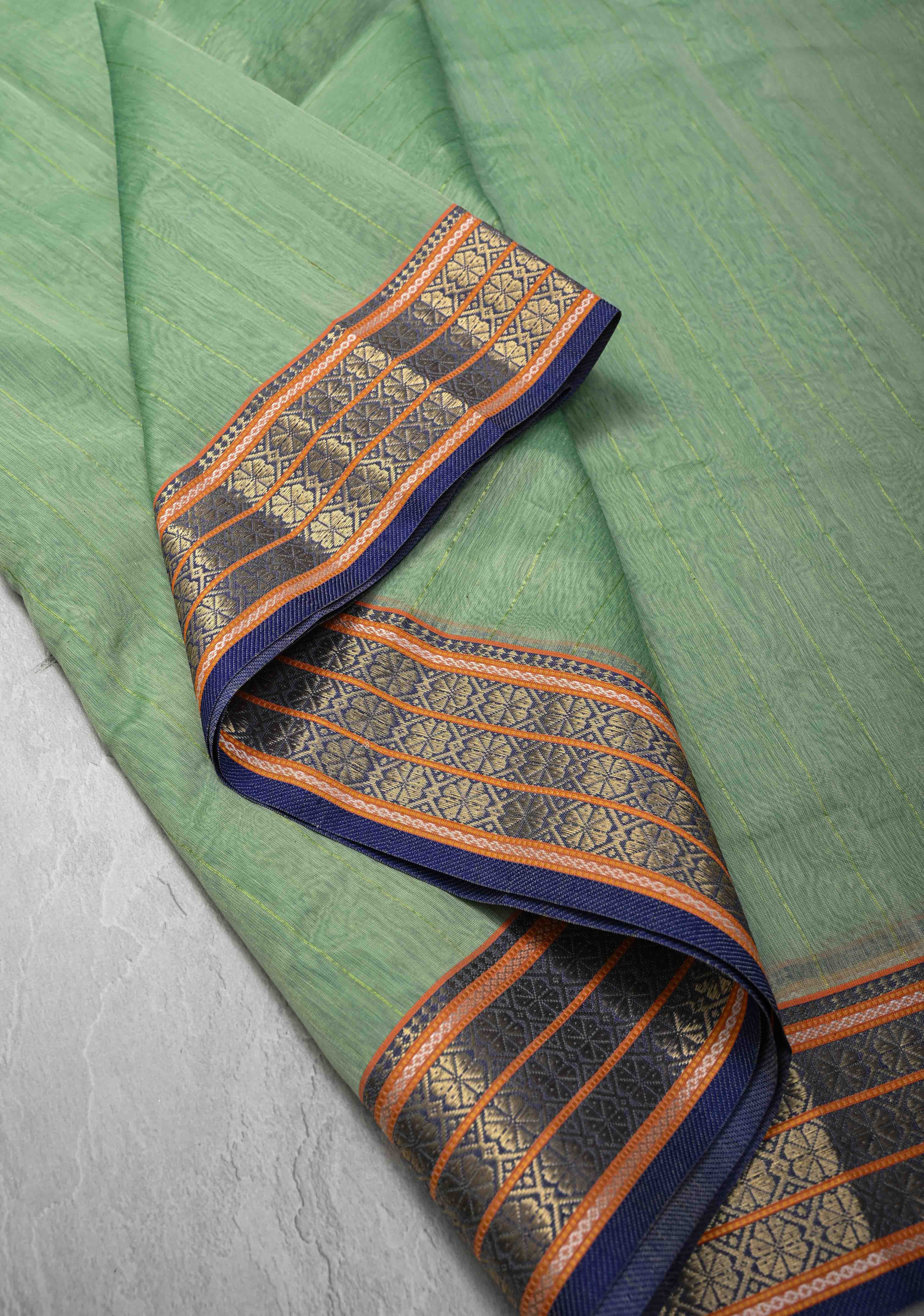 Mint Green Handwoven Maheshwari Silk Cotton Saree with Muted Stripes And Zari Border | Shobitam