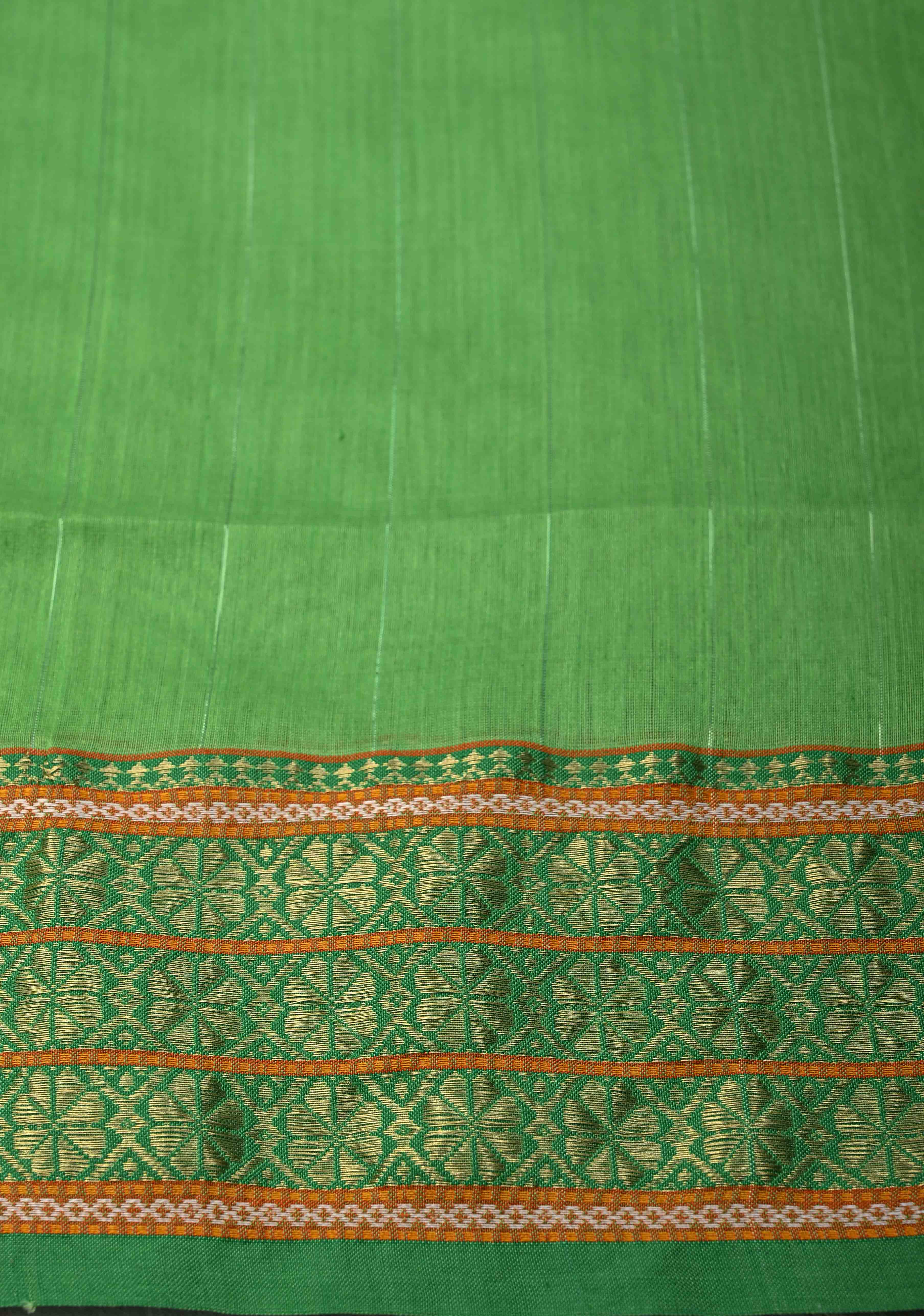 Parrot Green Handwoven Maheshwari Silk Cotton Saree with Muted Stripes and Zari Borders | Shobitam