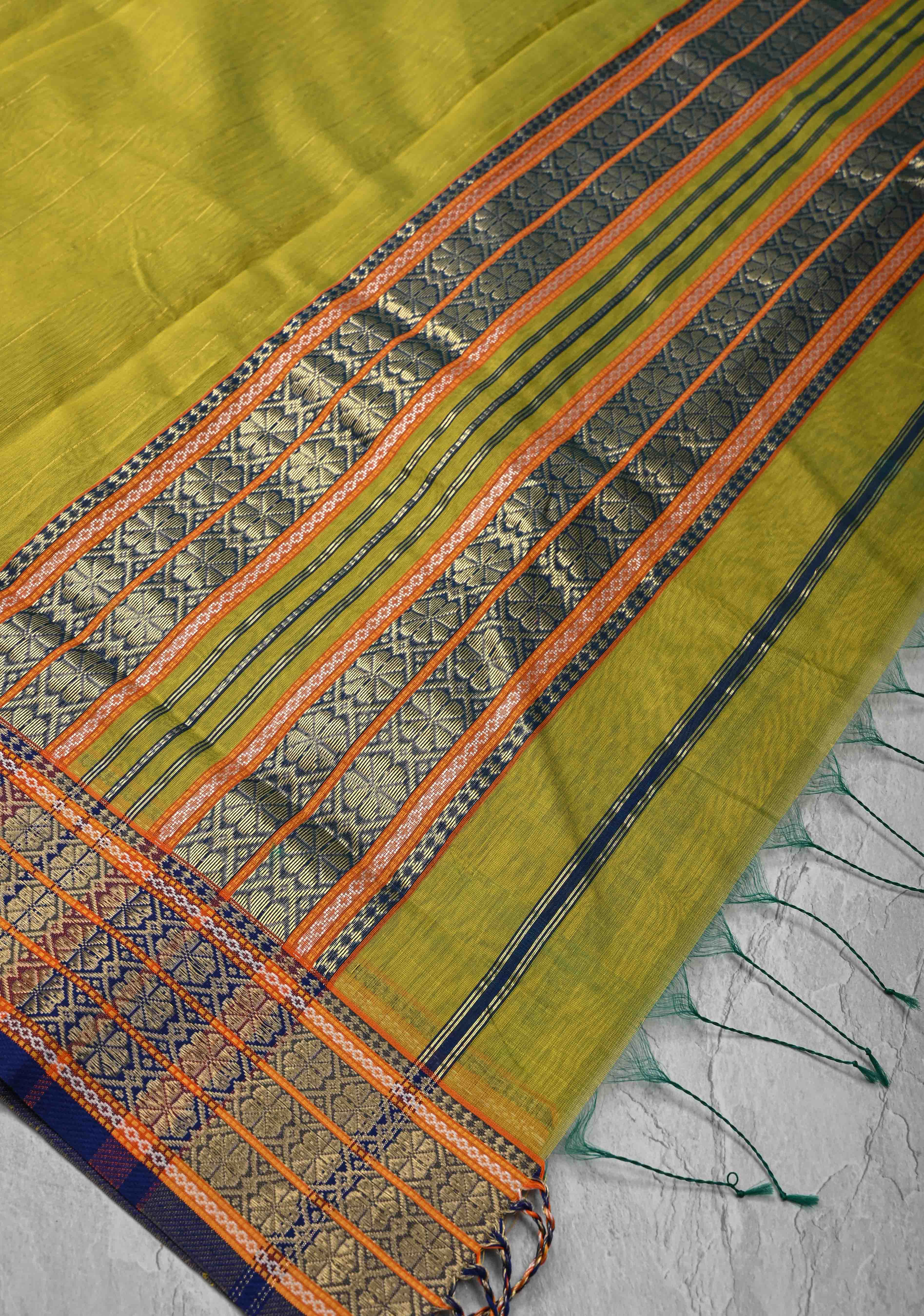 Lime Green Handwoven Maheshwari Silk Cotton Saree with Muted Stripes and Zari Borders | Shobitam