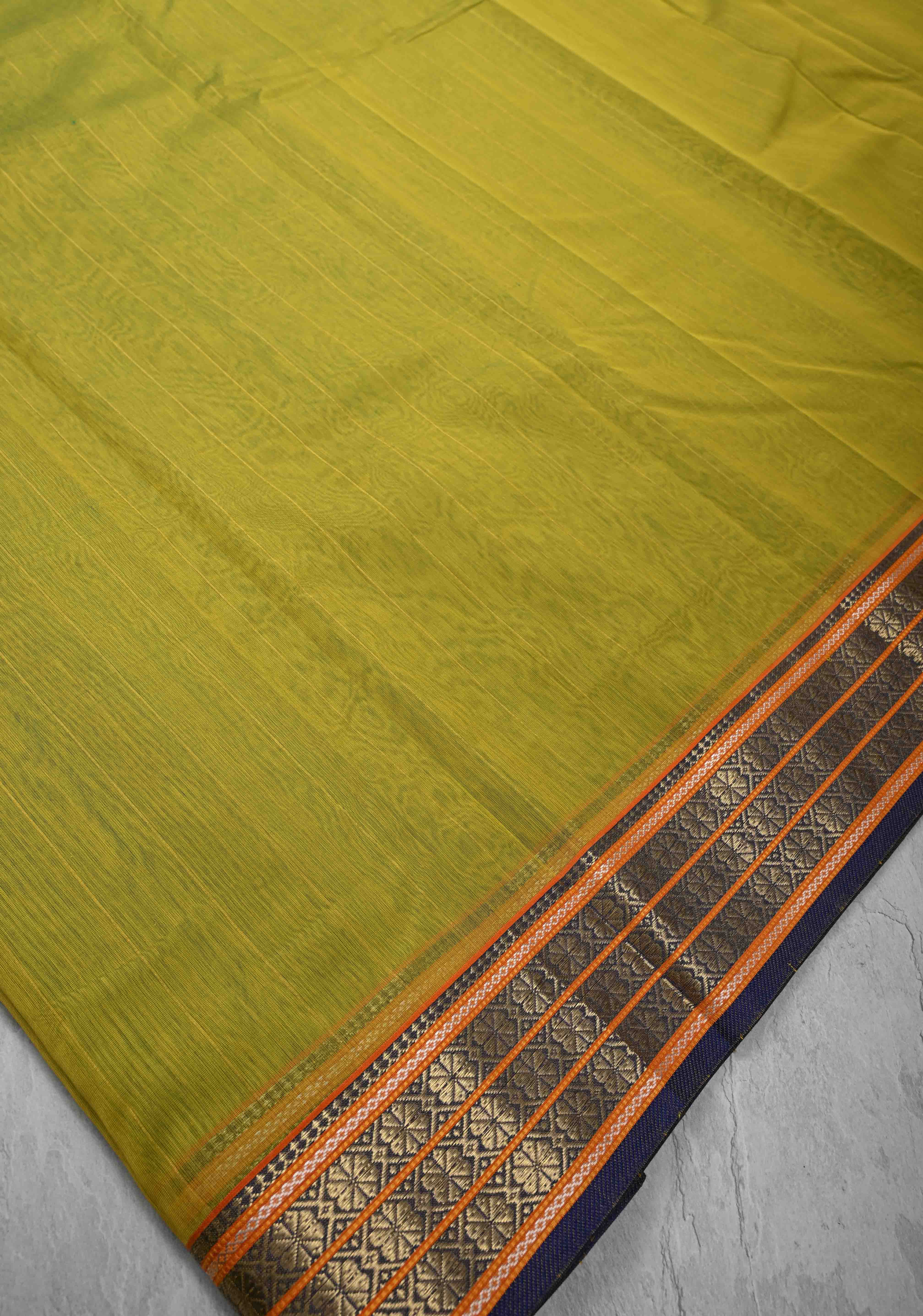 Lime Green Handwoven Maheshwari Silk Cotton Saree with Muted Stripes and Zari Borders | Shobitam