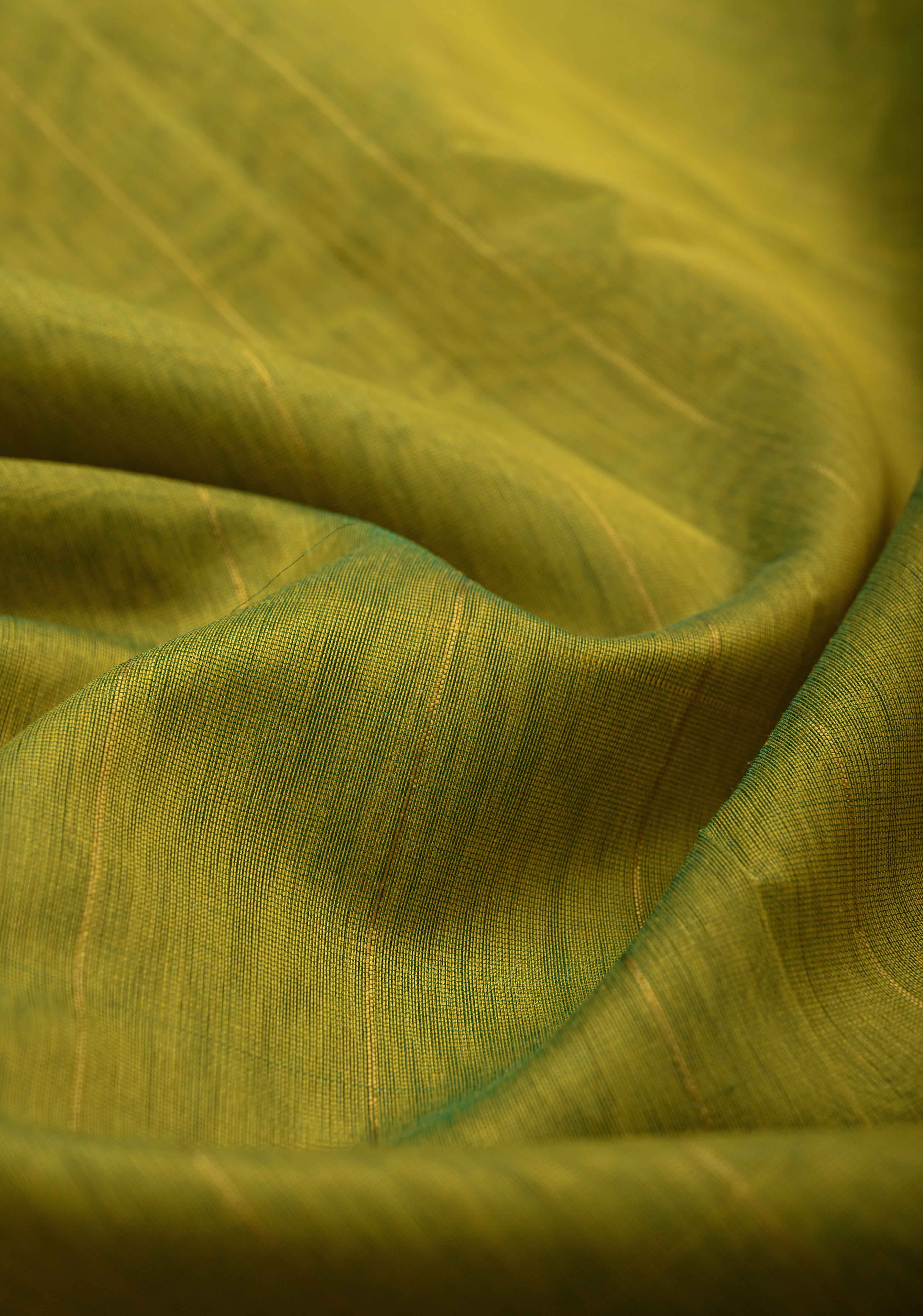 Lime Green Handwoven Maheshwari Silk Cotton Saree with Muted Stripes and Zari Borders | Shobitam