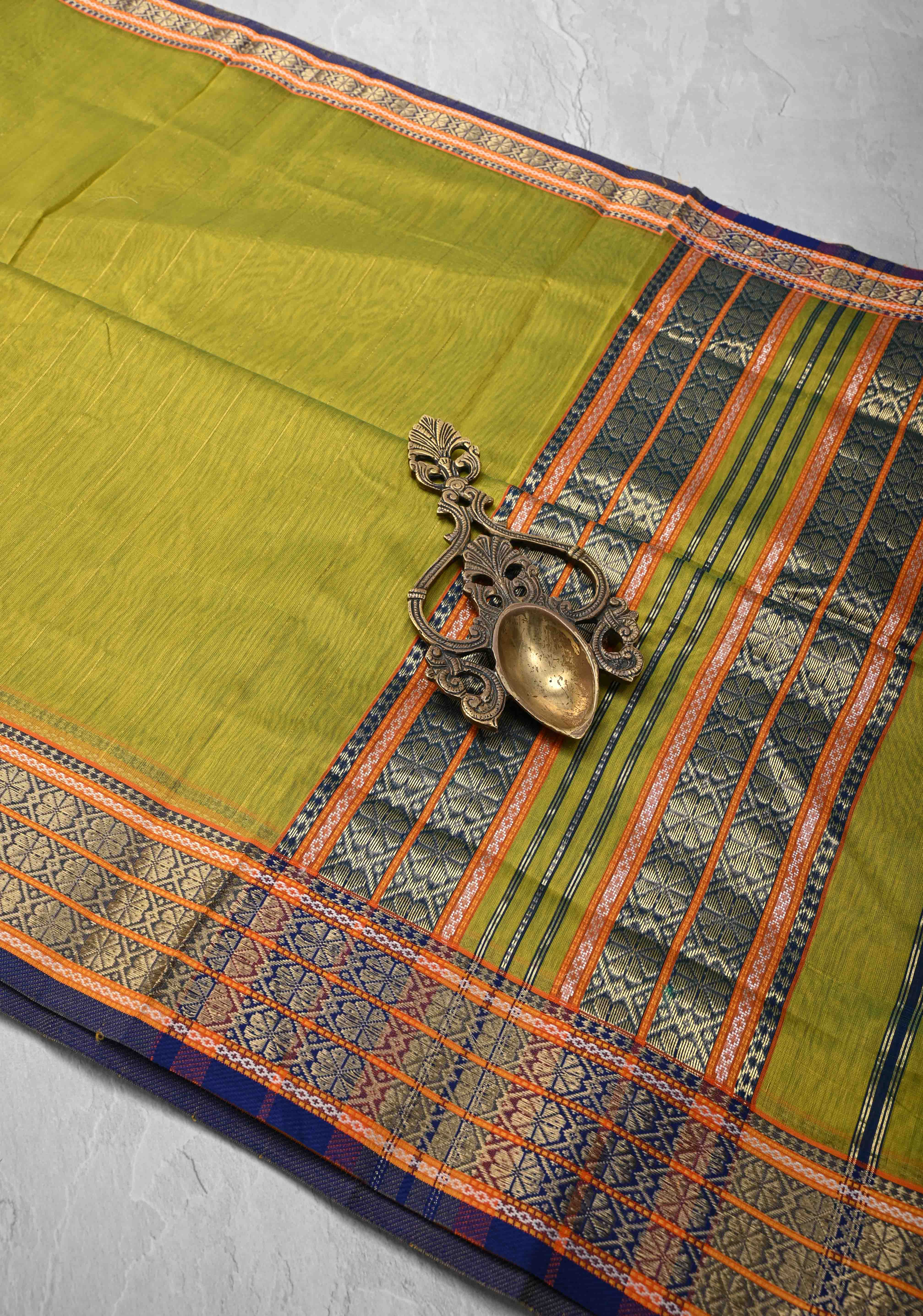 Lime Green Handwoven Maheshwari Silk Cotton Saree with Muted Stripes and Zari Borders | Shobitam