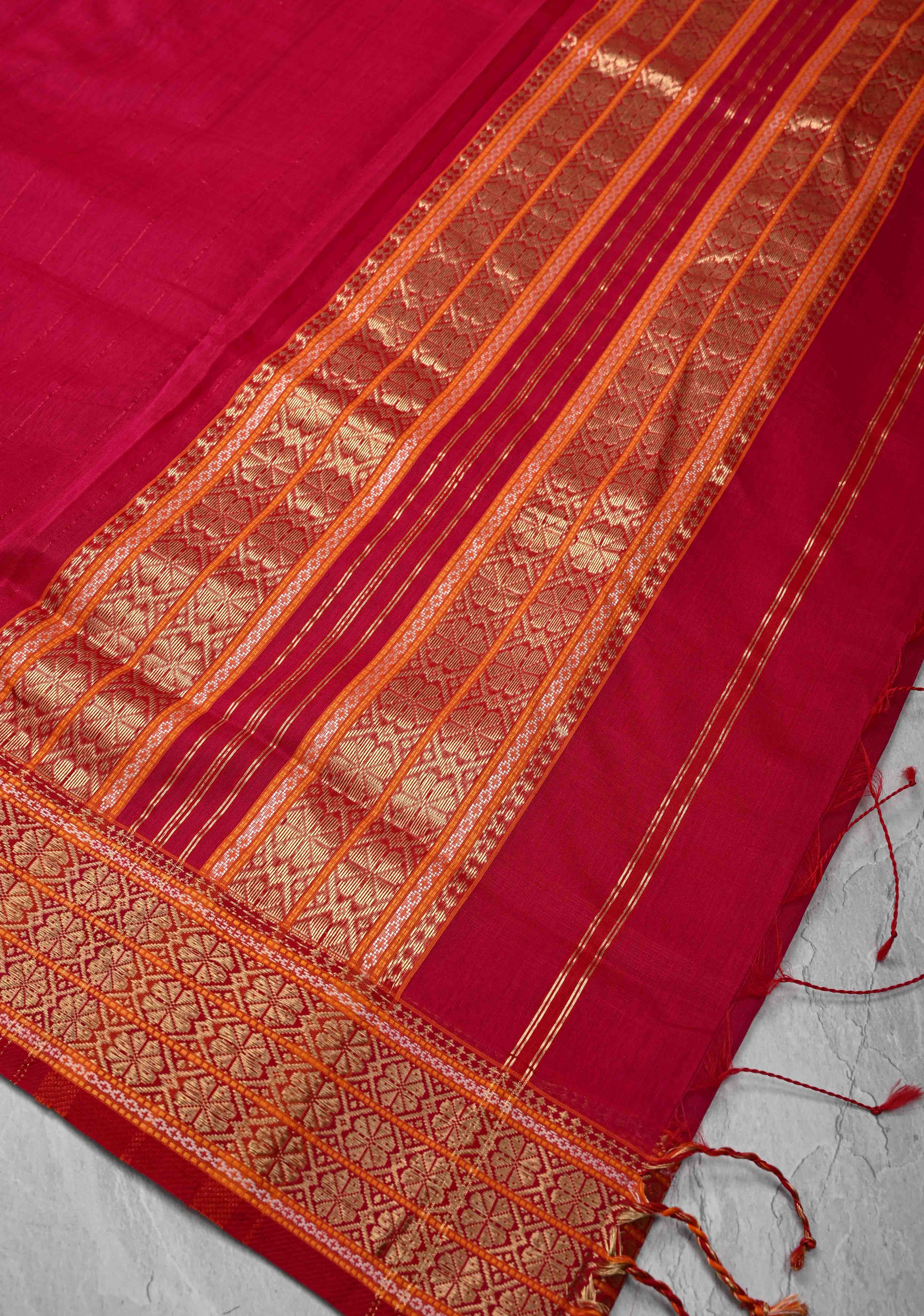 Pink Handwoven Maheshwari Silk Cotton Saree with Muted Stripes And Zari Border | Shobitam