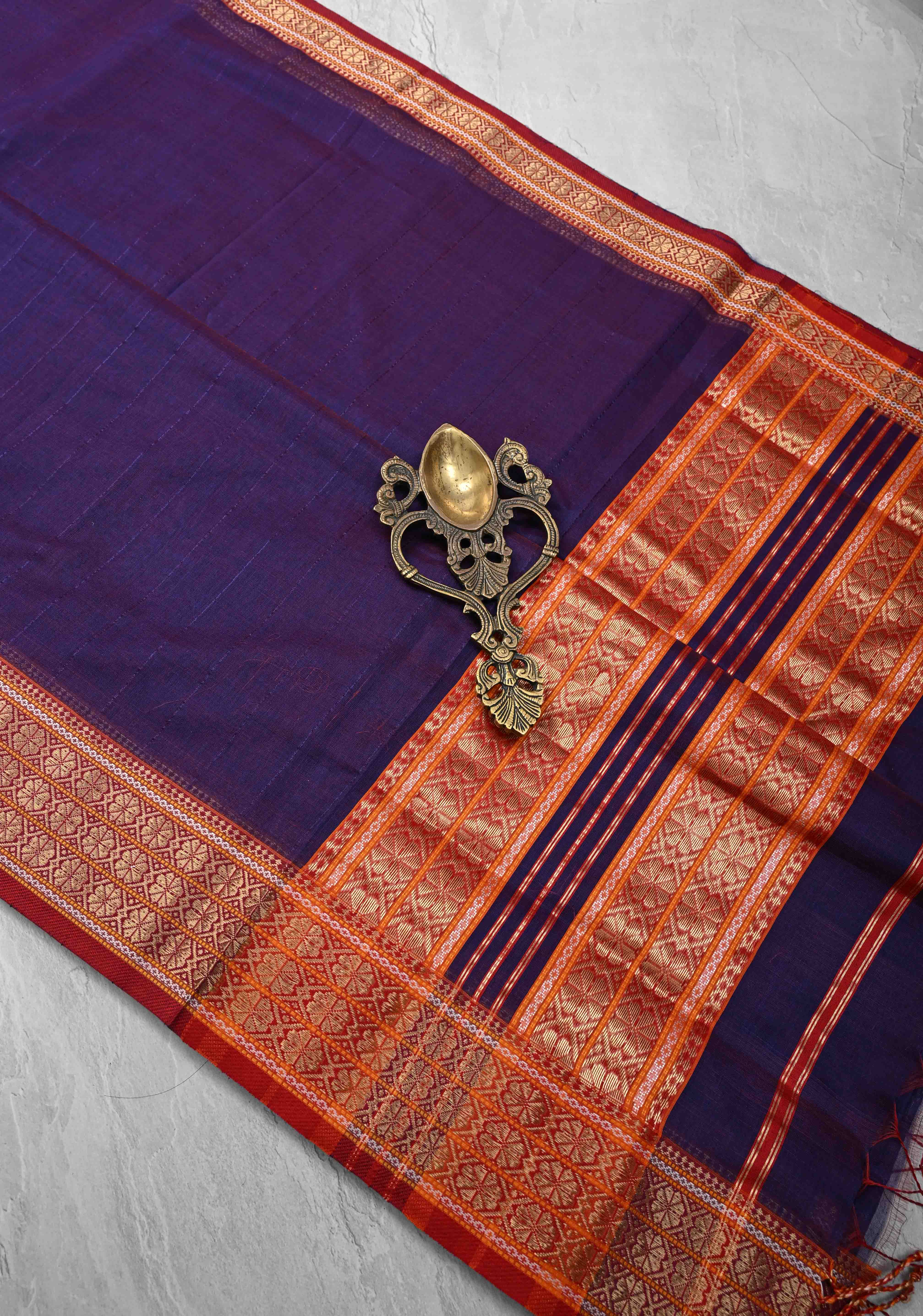 Purple Dual tone Handwoven Maheshwari Silk Cotton Saree with Muted Stripes and Zari Borders | Shobitam