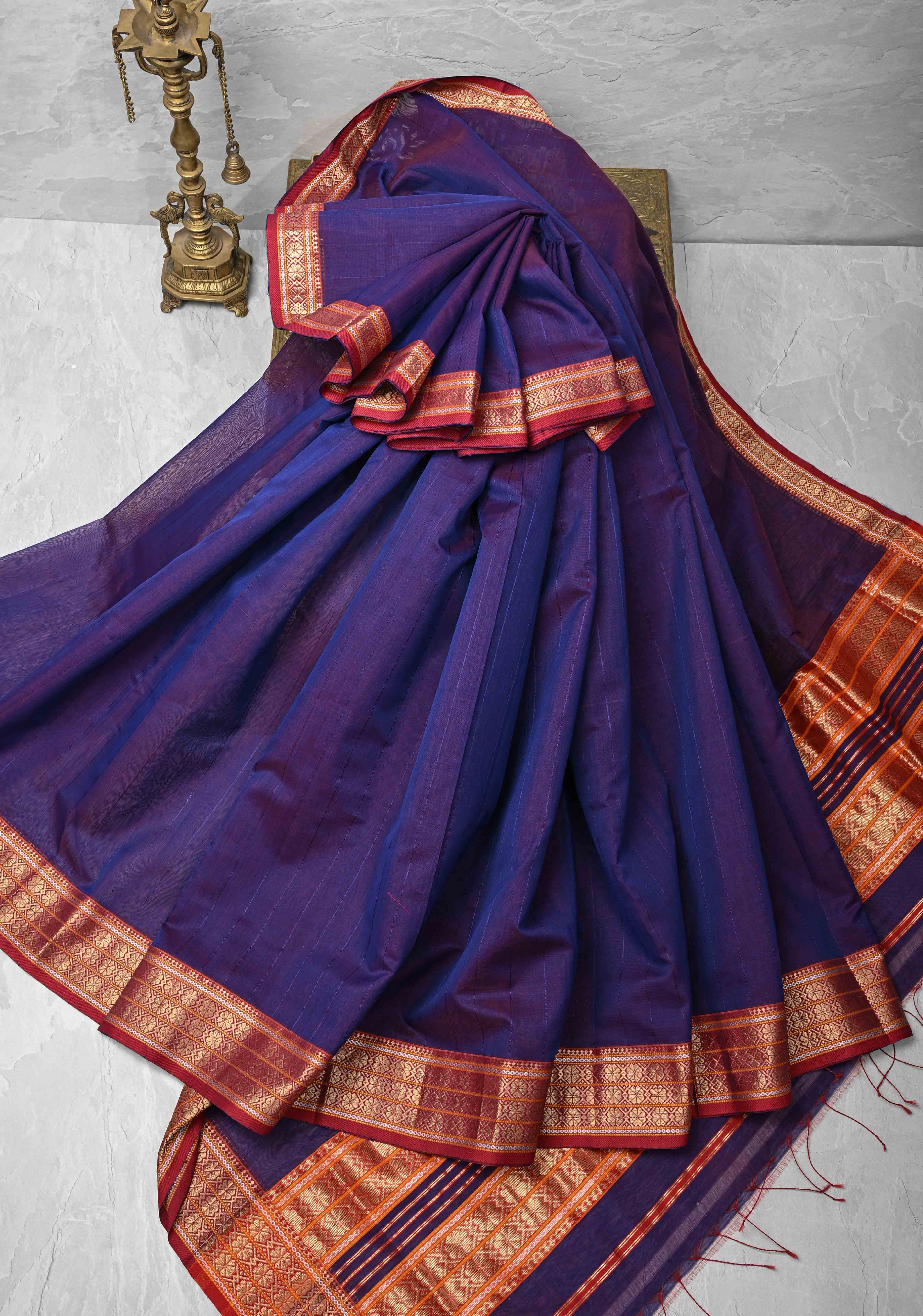 Purple Dual tone Handwoven Maheshwari Silk Cotton Saree with Muted Stripes and Zari Borders | Shobitam