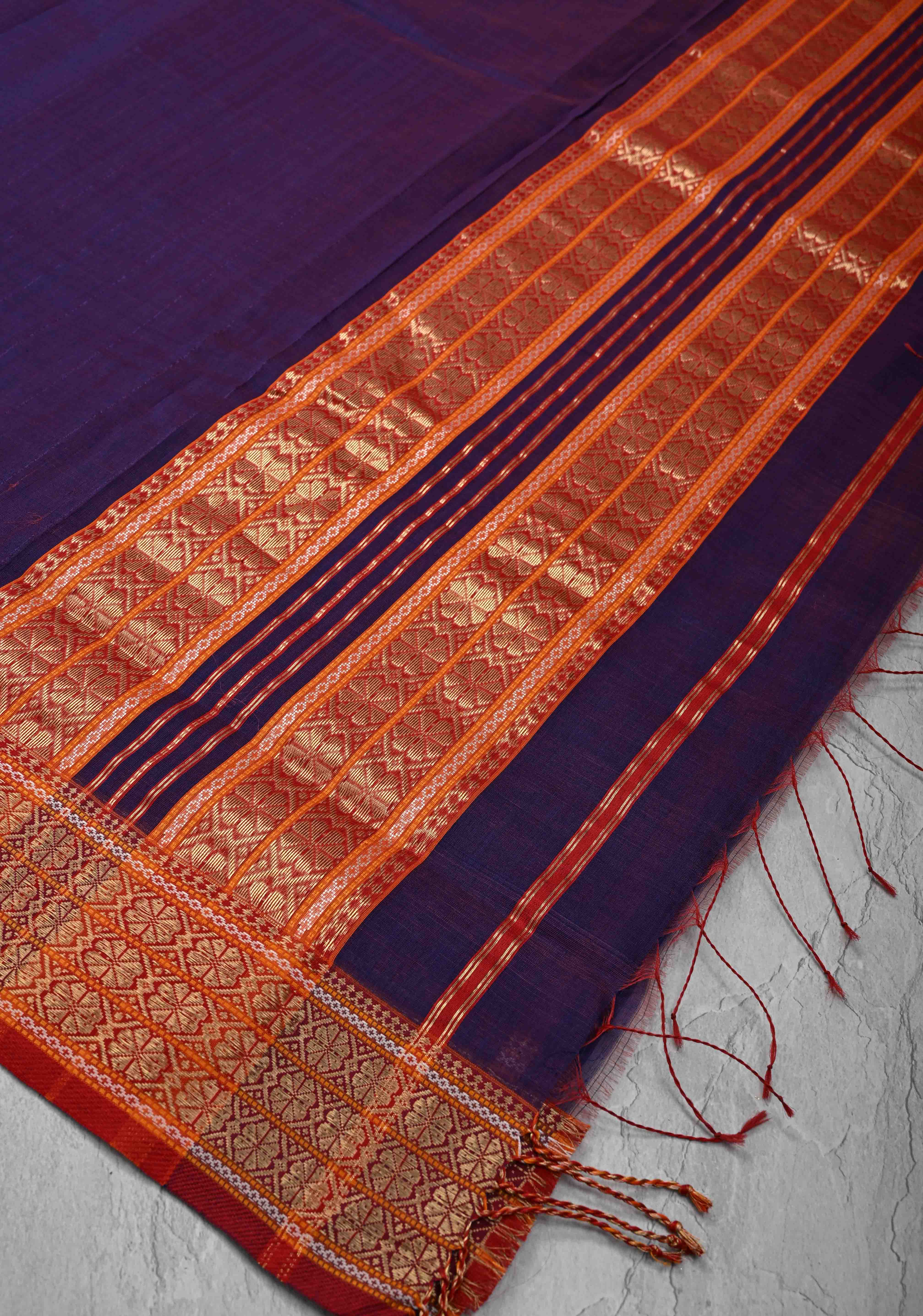 Purple Dual tone Handwoven Maheshwari Silk Cotton Saree with Muted Stripes and Zari Borders | Shobitam