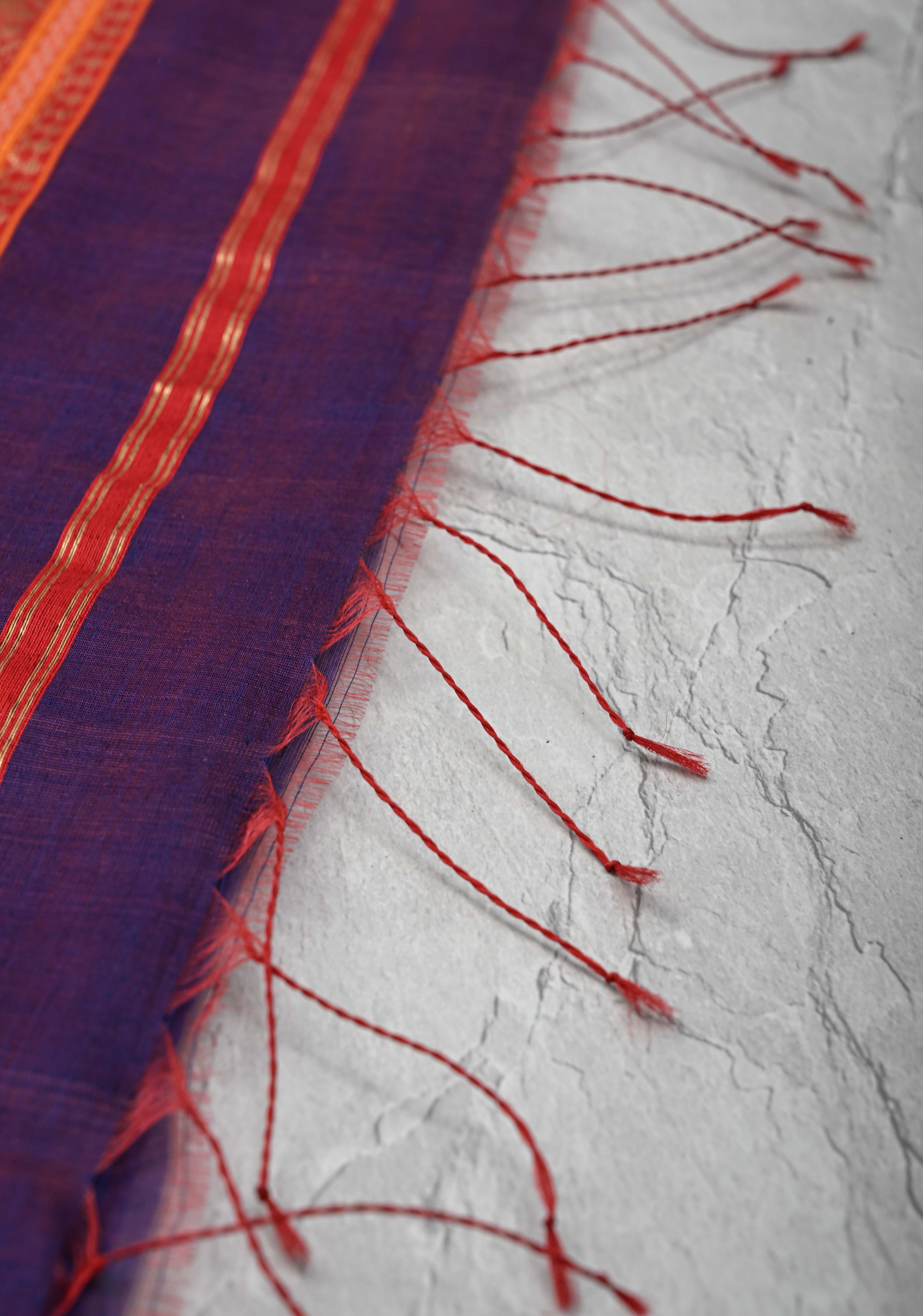 Purple Dual tone Handwoven Maheshwari Silk Cotton Saree with Muted Stripes and Zari Borders | Shobitam