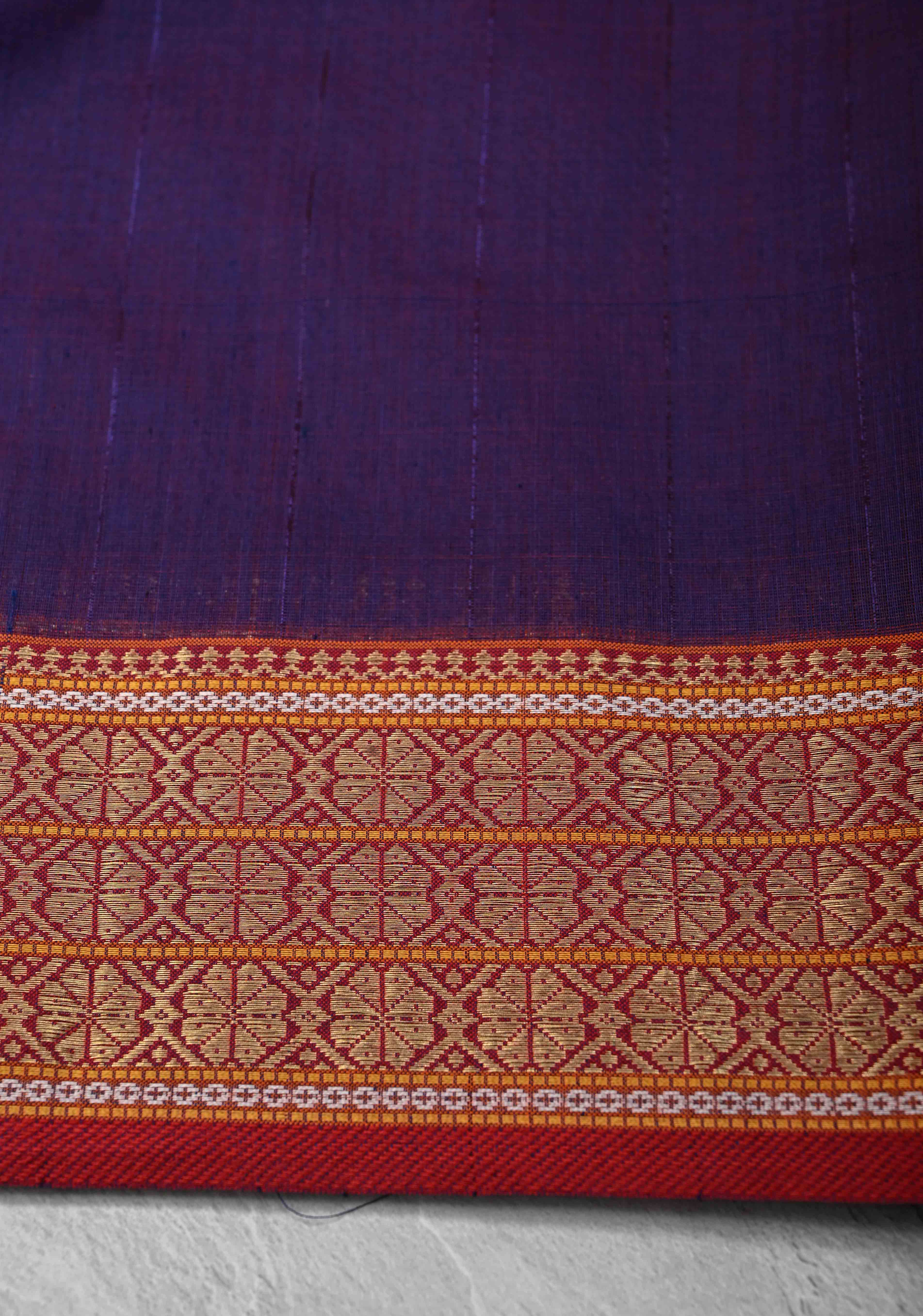 Purple Dual tone Handwoven Maheshwari Silk Cotton Saree with Muted Stripes and Zari Borders | Shobitam
