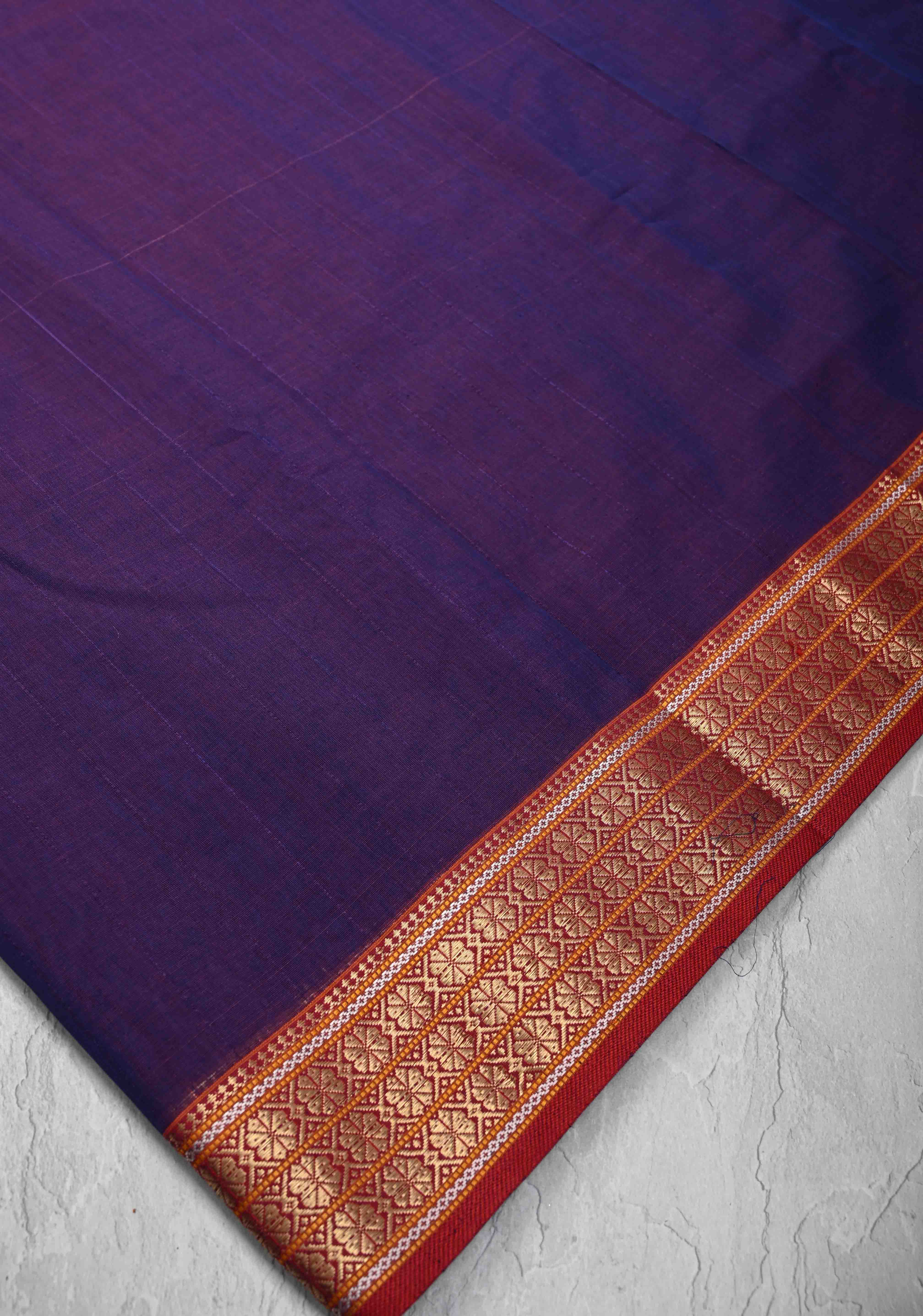 Purple Dual tone Handwoven Maheshwari Silk Cotton Saree with Muted Stripes and Zari Borders | Shobitam