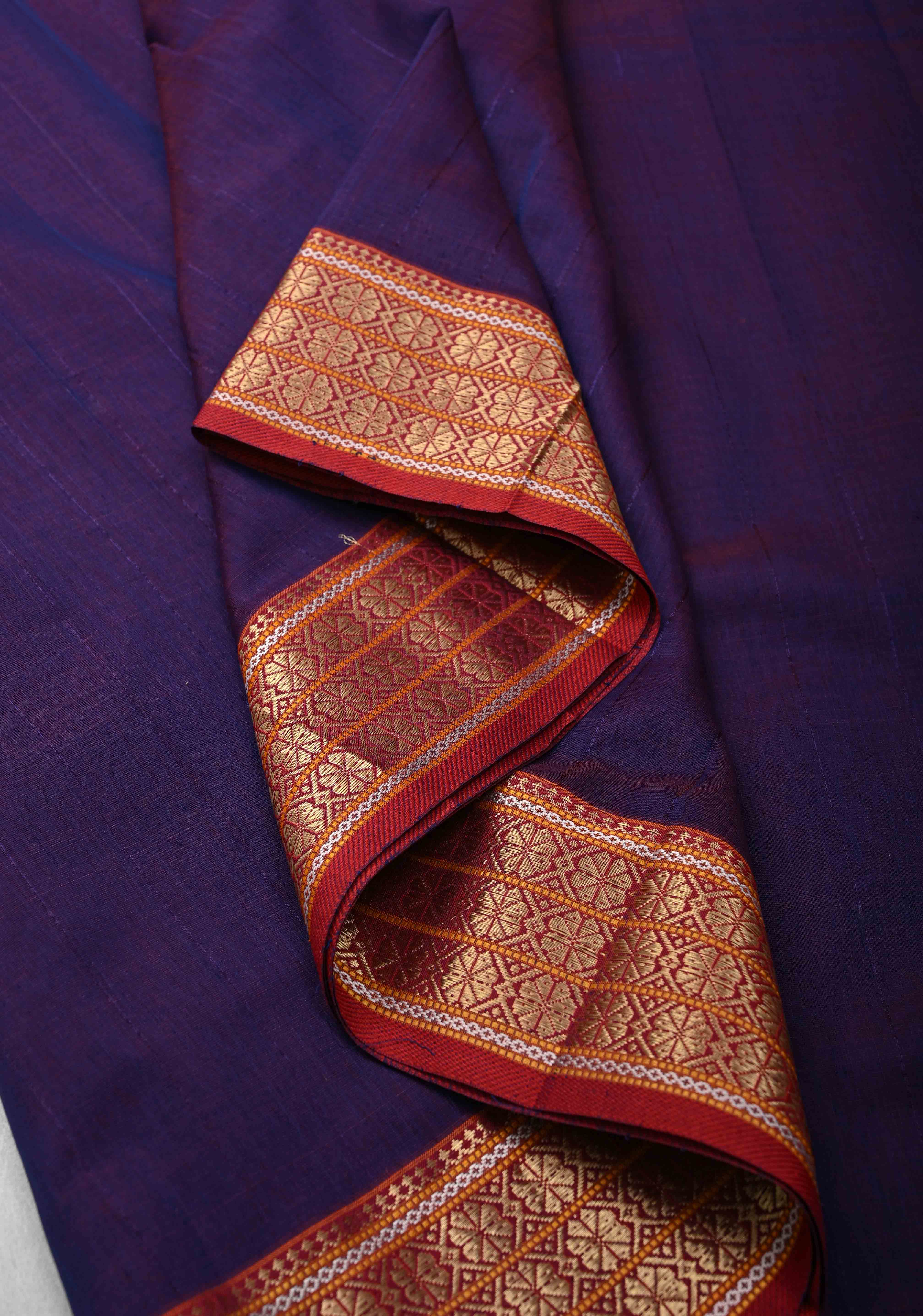Purple Dual tone Handwoven Maheshwari Silk Cotton Saree with Muted Stripes and Zari Borders | Shobitam