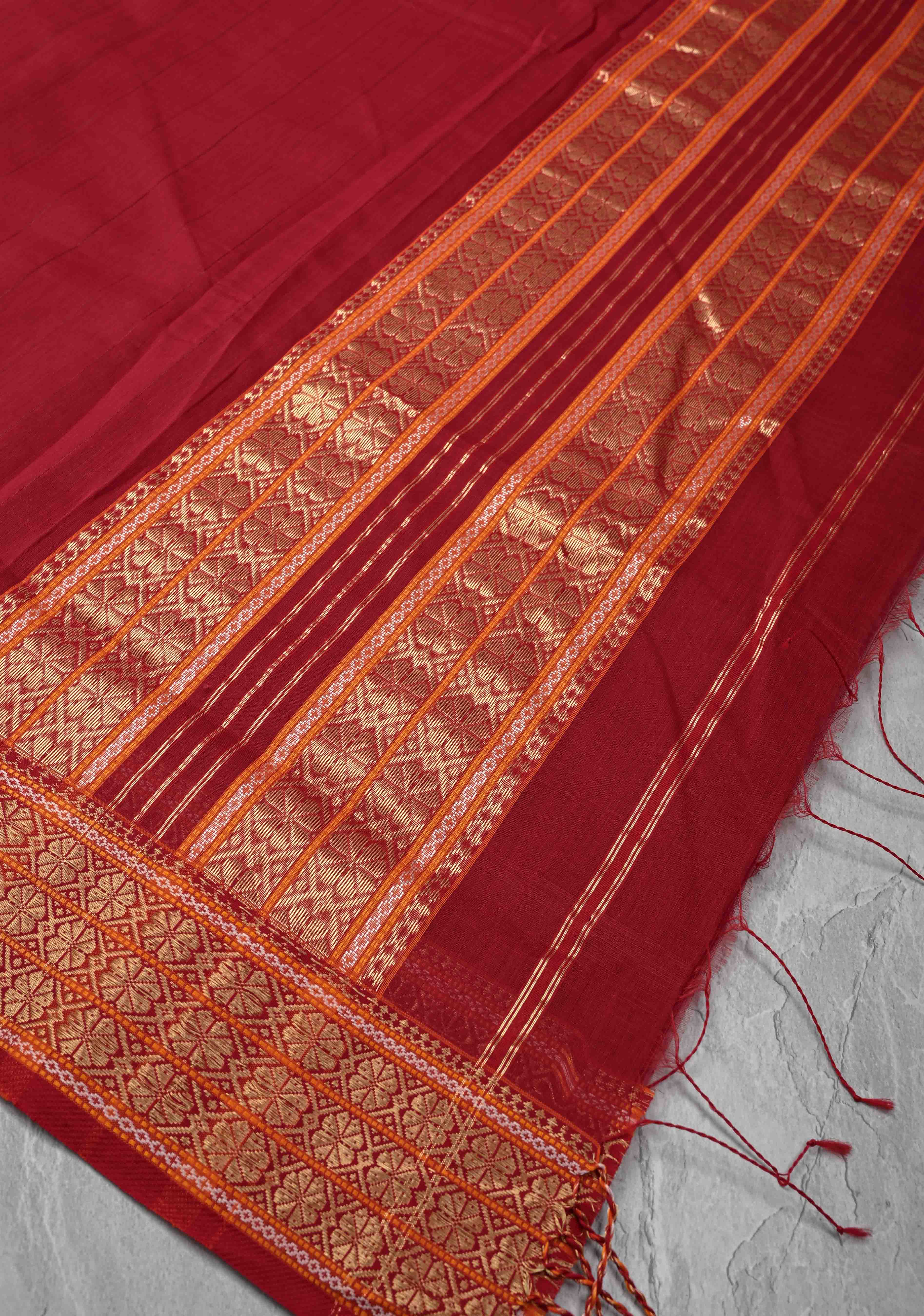 Red Handwoven Maheshwari Silk Cotton Saree with Muted Stripes and Zari Border | Shobitam