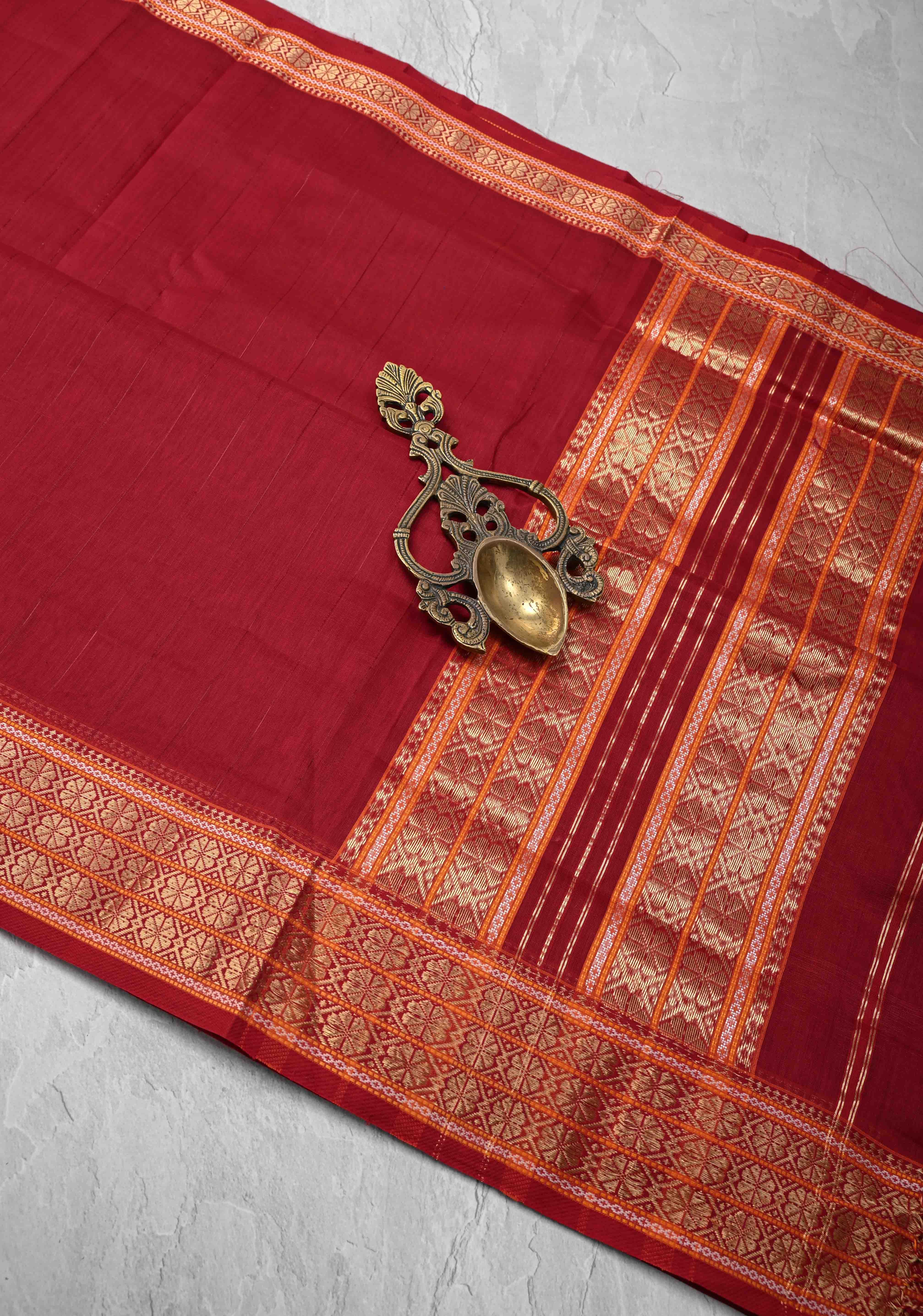 Red Handwoven Maheshwari Silk Cotton Saree with Muted Stripes and Zari Border | Shobitam