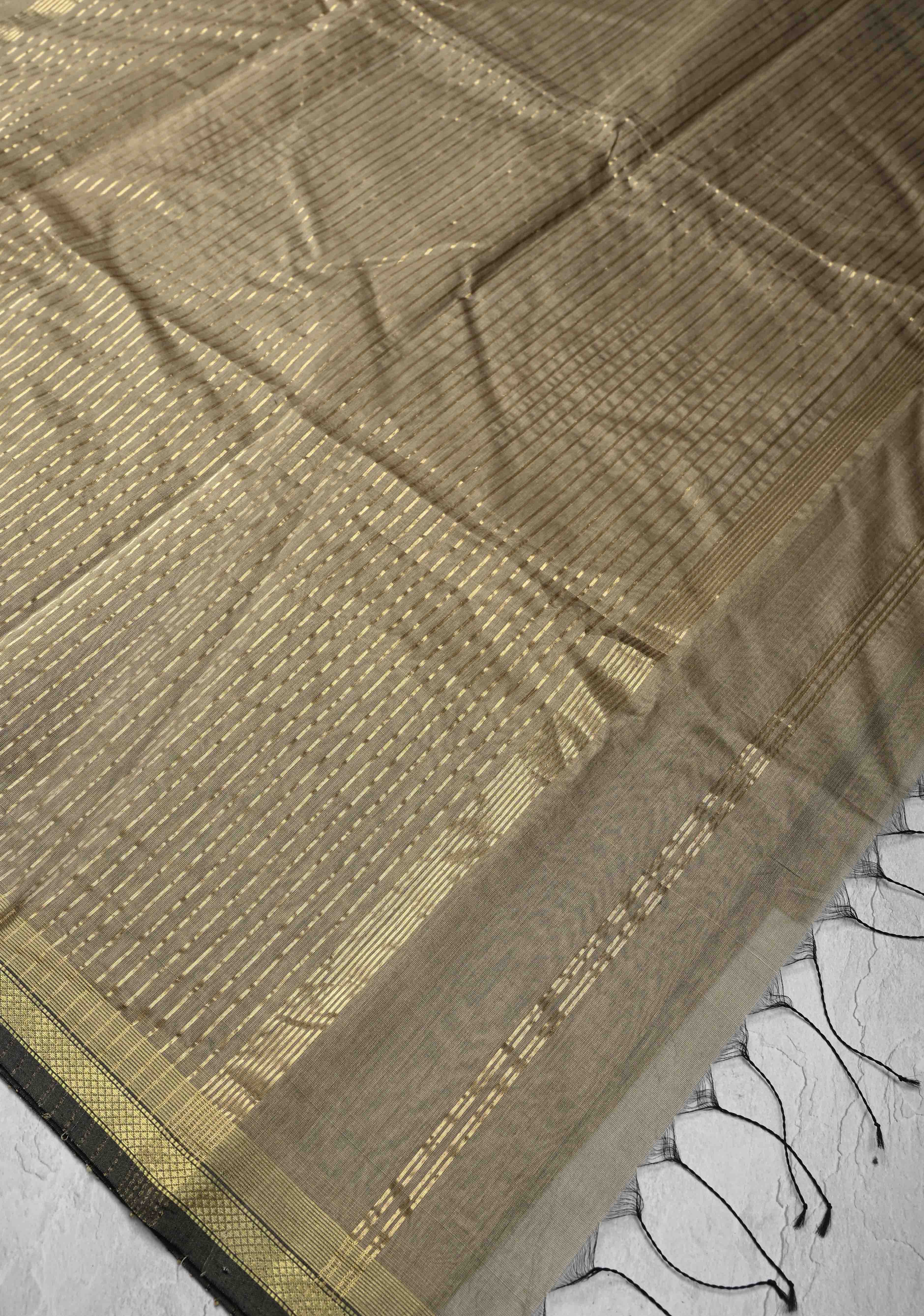 Grayish Brown Handwoven Maheshwari Silk Cotton Saree with Vertical Stripes And Minimal Zari Border | Shobitam