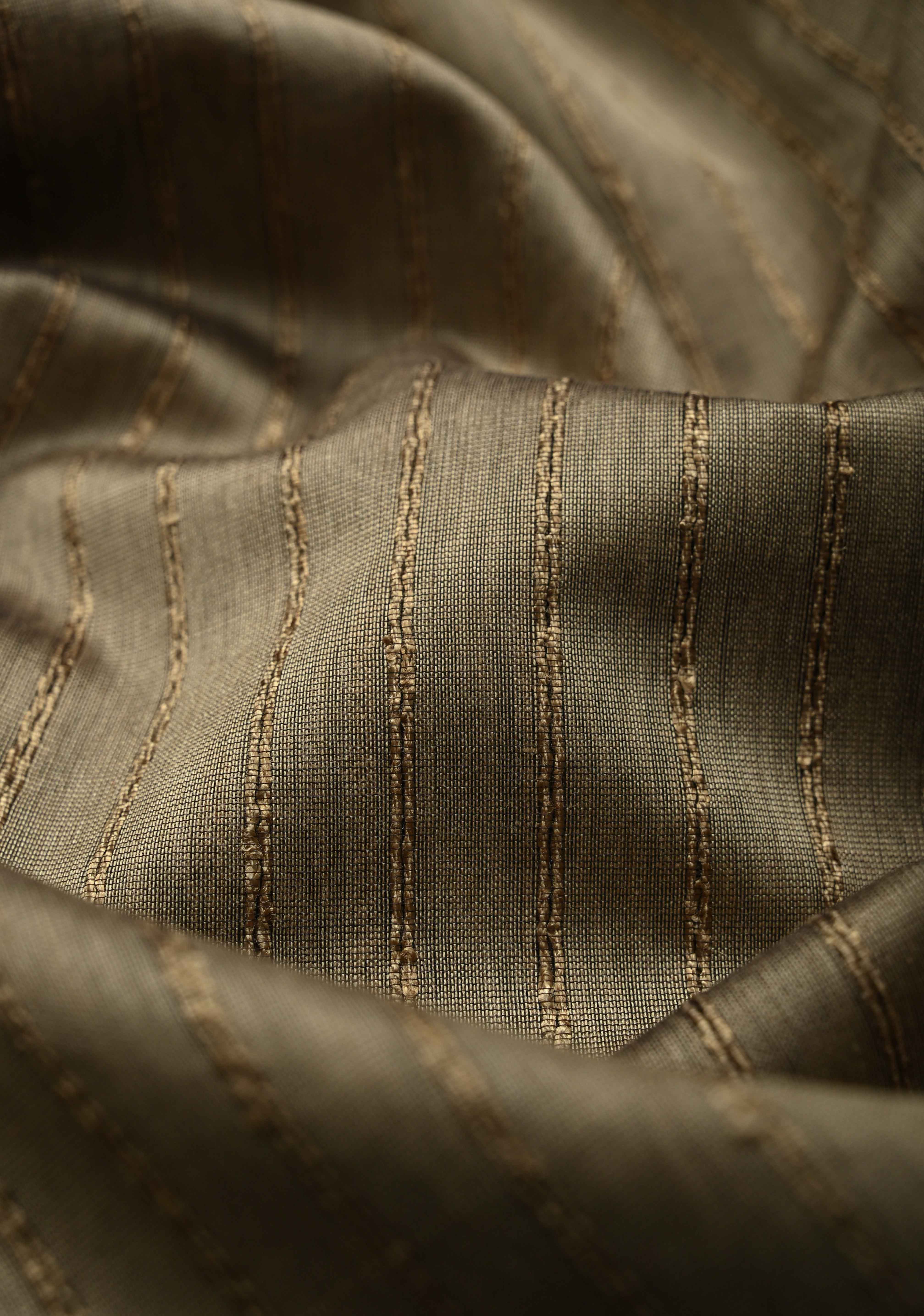 Grayish Brown Handwoven Maheshwari Silk Cotton Saree with Vertical Stripes And Minimal Zari Border | Shobitam