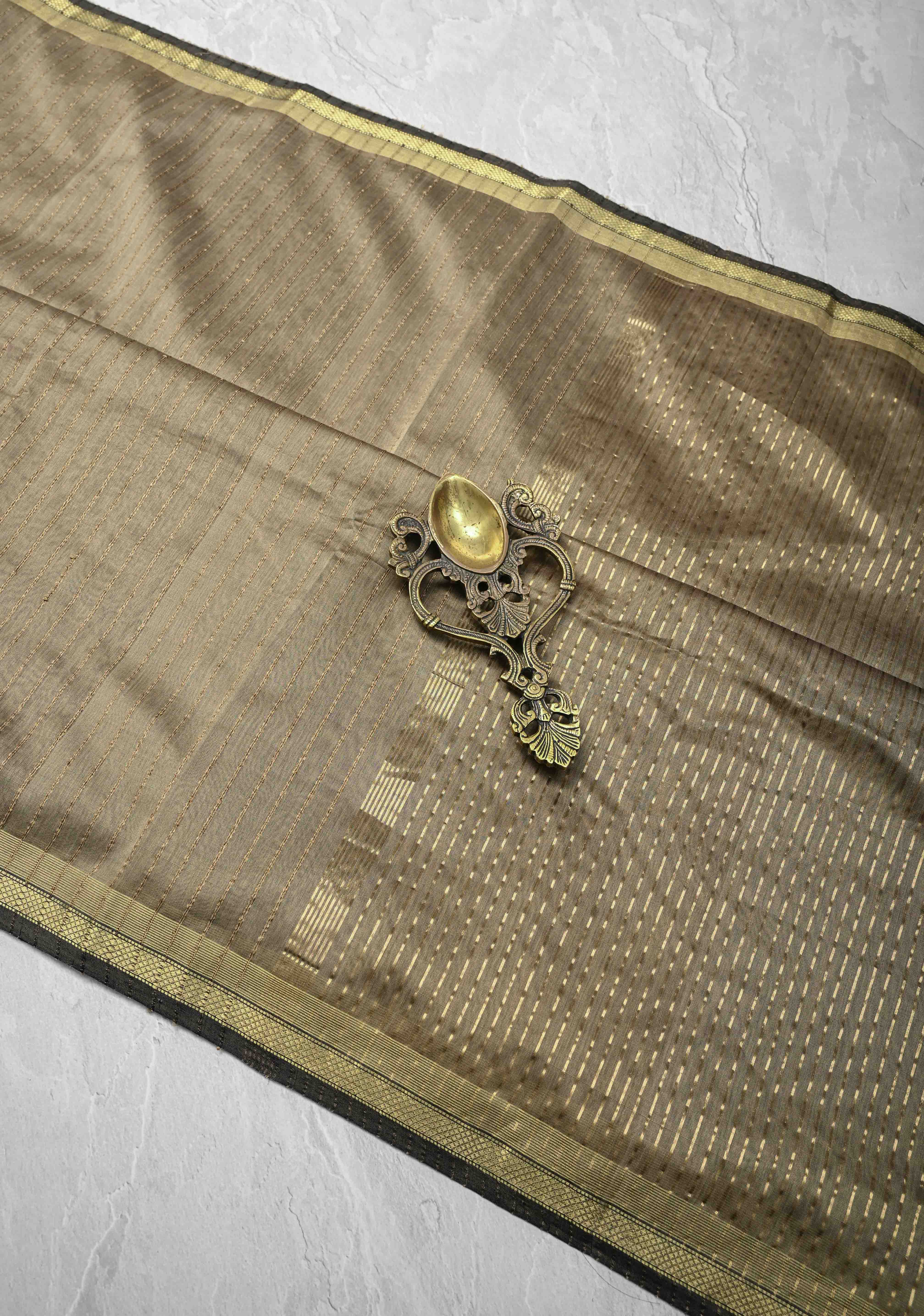 Grayish Brown Handwoven Maheshwari Silk Cotton Saree with Vertical Stripes And Minimal Zari Border | Shobitam