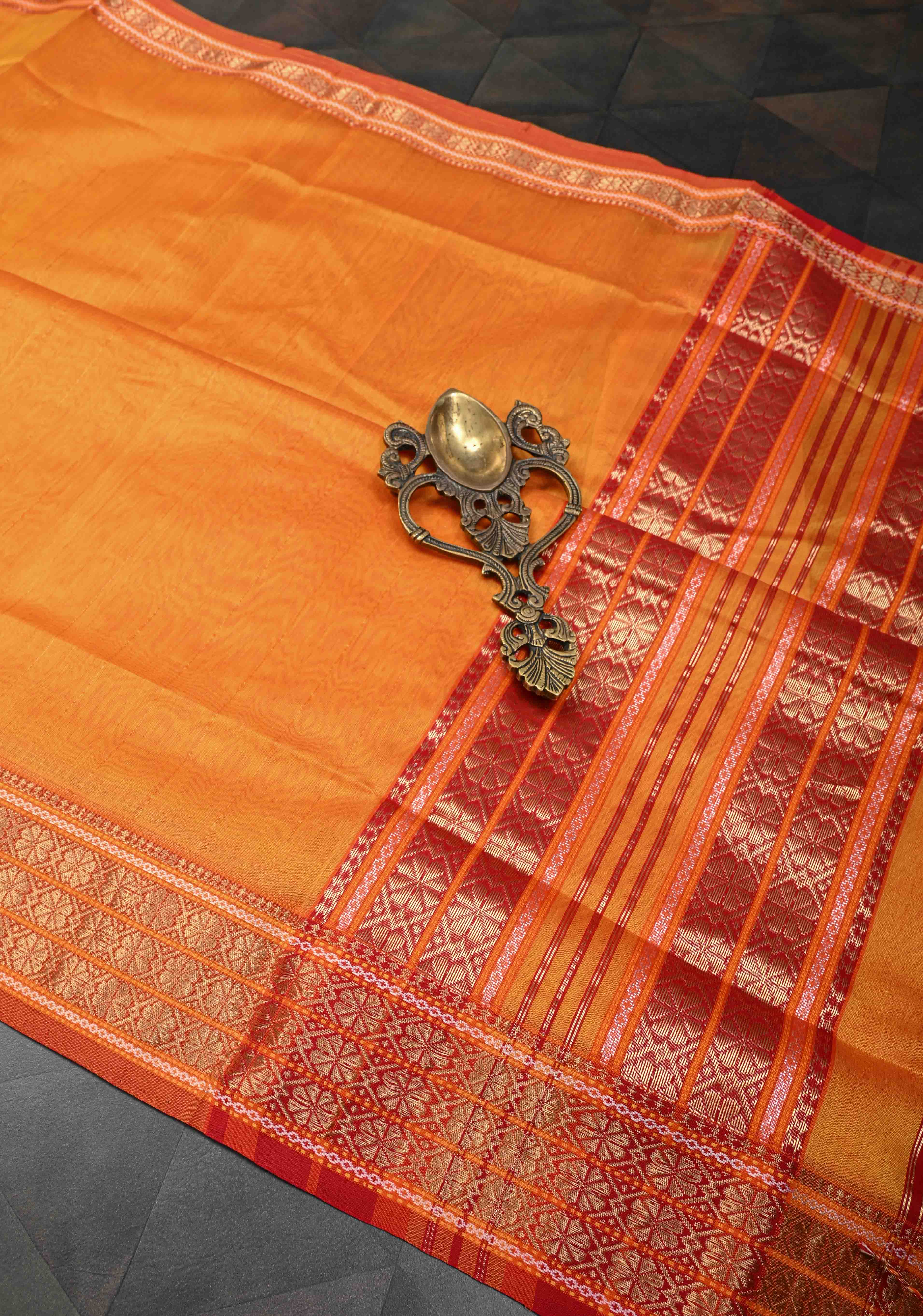 Mustard Yellow Handwoven Maheshwari Silk Cotton Saree with Muted Stripes and Zari Borders