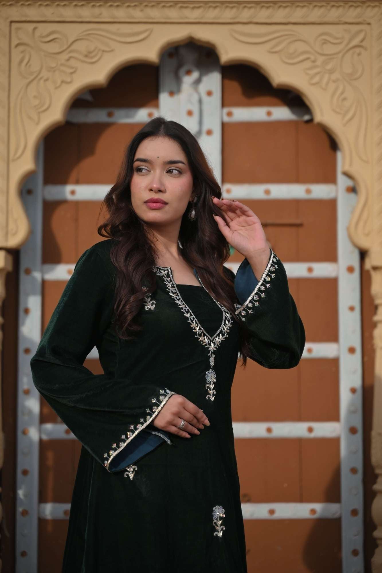 Chandramukhi Velvet Bottle Green Kurta and Organza Skirt Set 3 piece Set | Made To Order