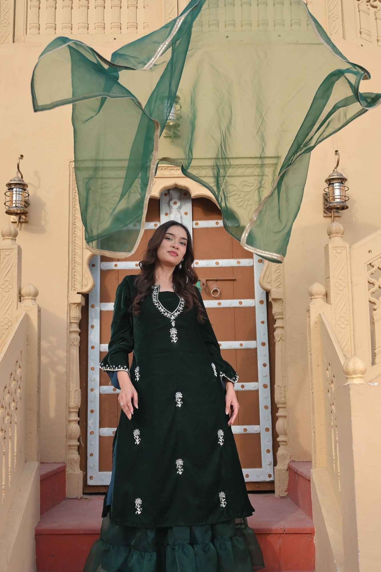 Chandramukhi Velvet Bottle Green Kurta and Organza Skirt Set 3 piece Set | Made To Order