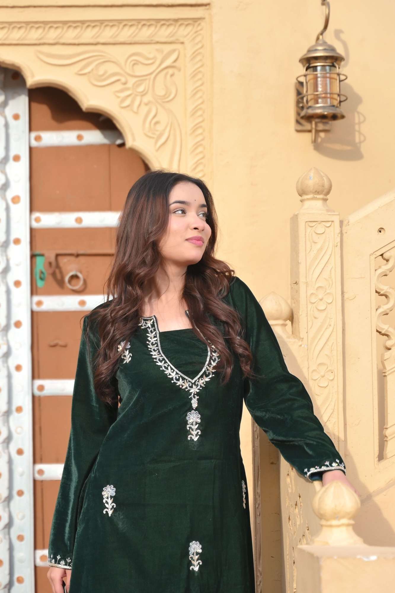 Chandramukhi Velvet Bottle Green Kurta and Organza Skirt Set 3 piece Set | Made To Order