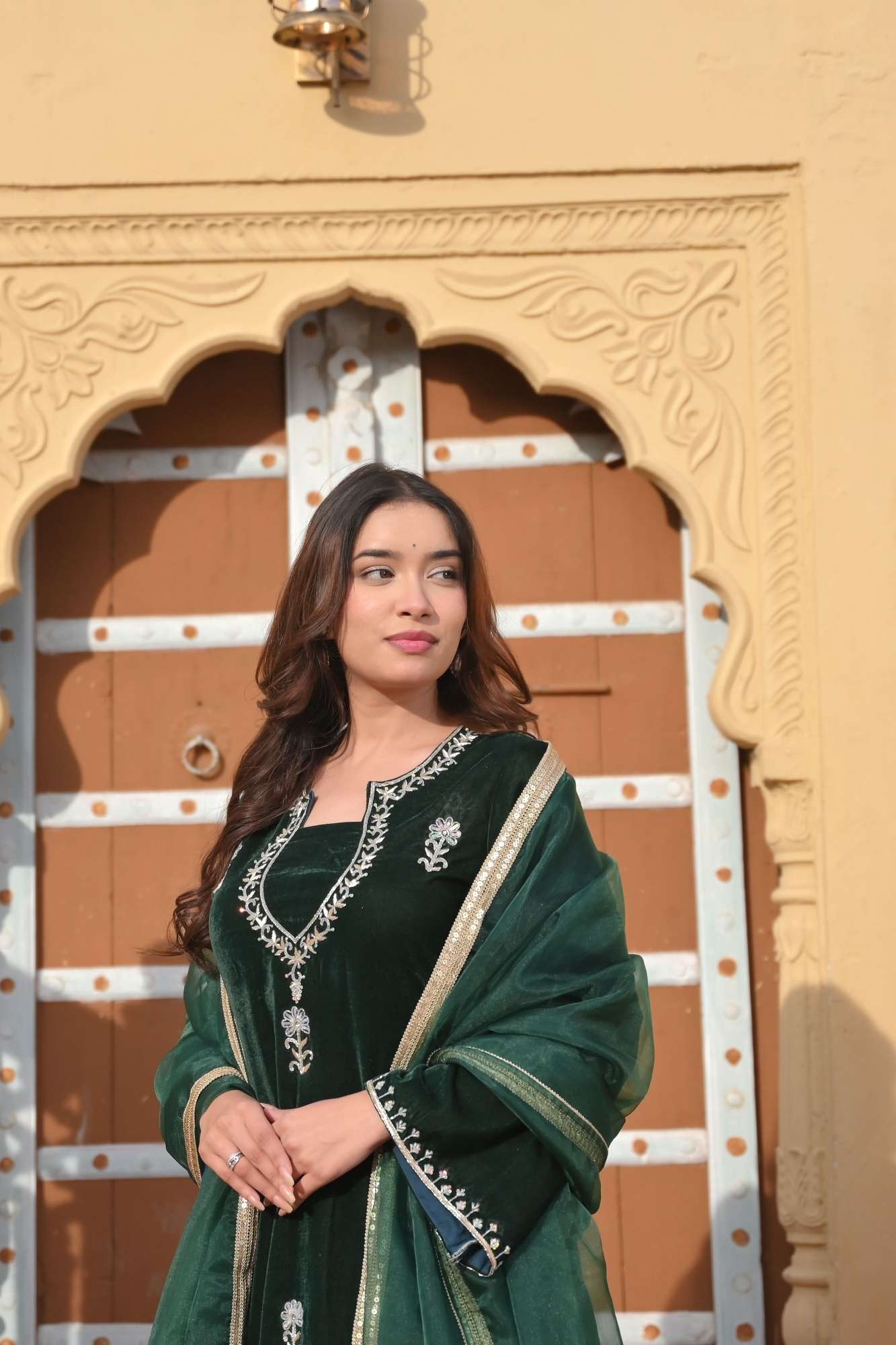 Chandramukhi Velvet Bottle Green Kurta and Organza Skirt Set 3 piece Set | Made To Order