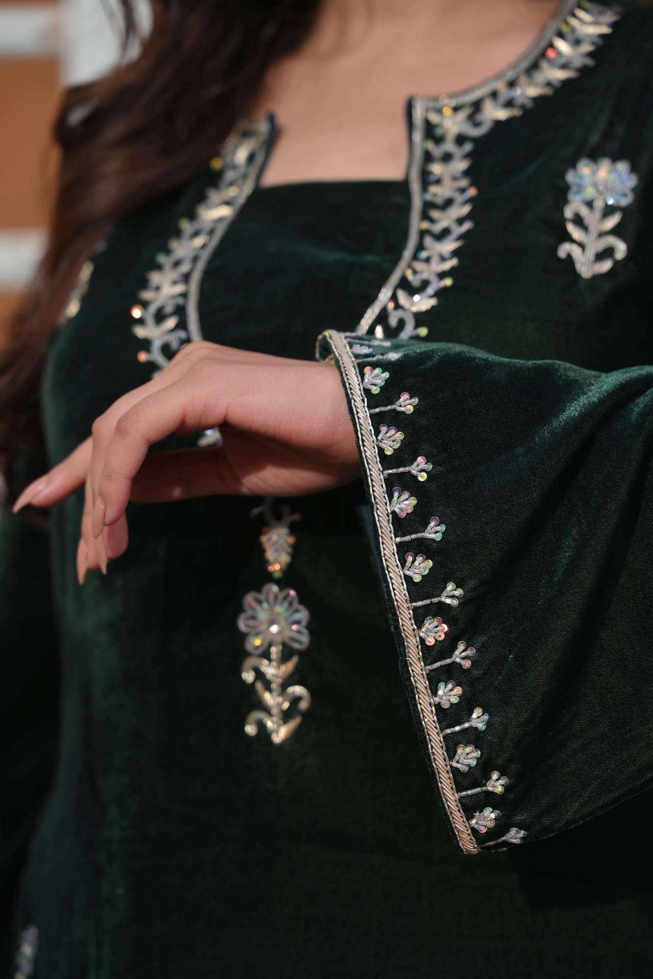 Chandramukhi Velvet Bottle Green Kurta and Organza Skirt Set 3 piece Set | Made To Order