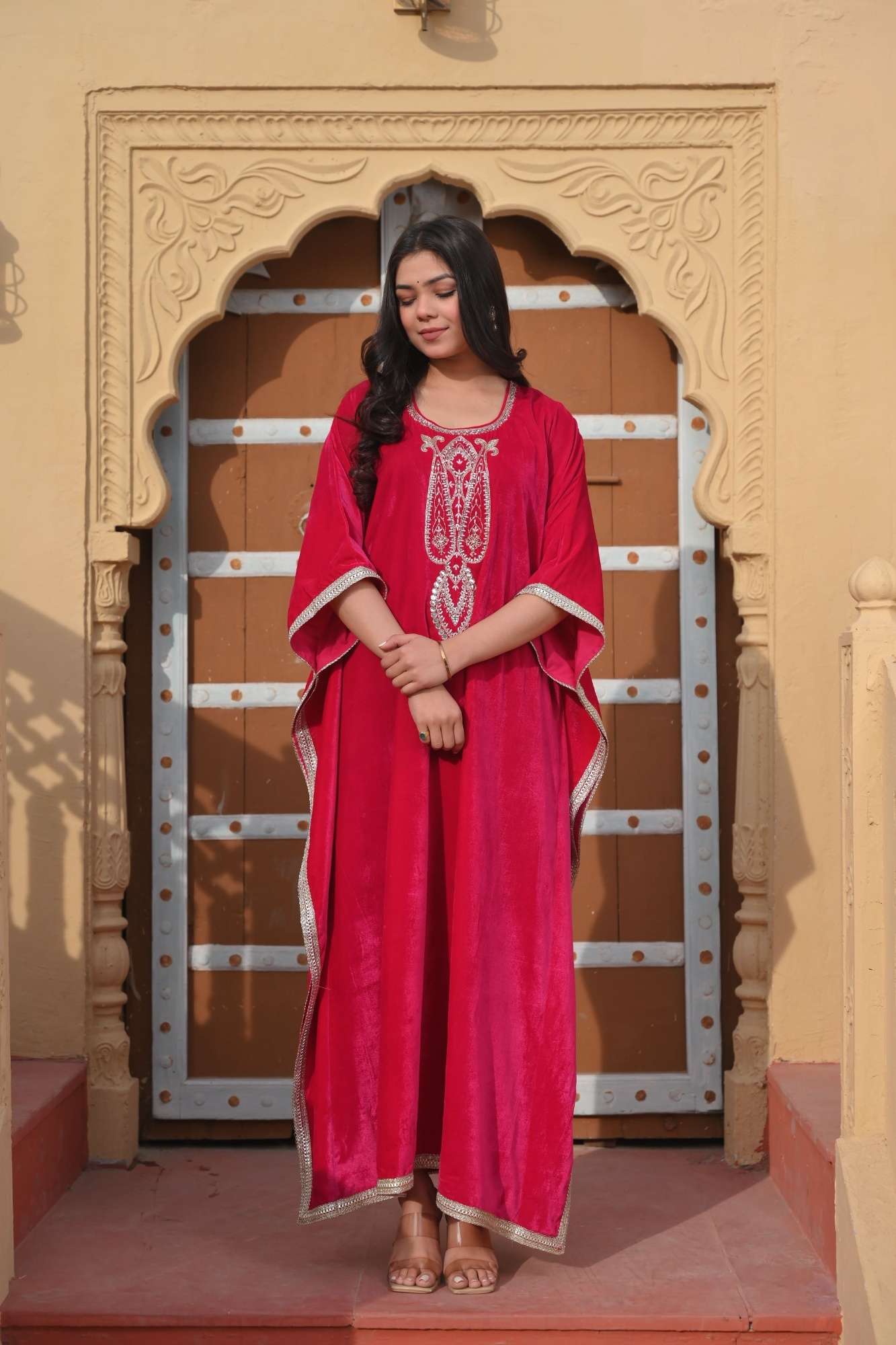 Mumtaz Velvet Kaftan in Rani Pink with Handwork on Yoke | Made To Order