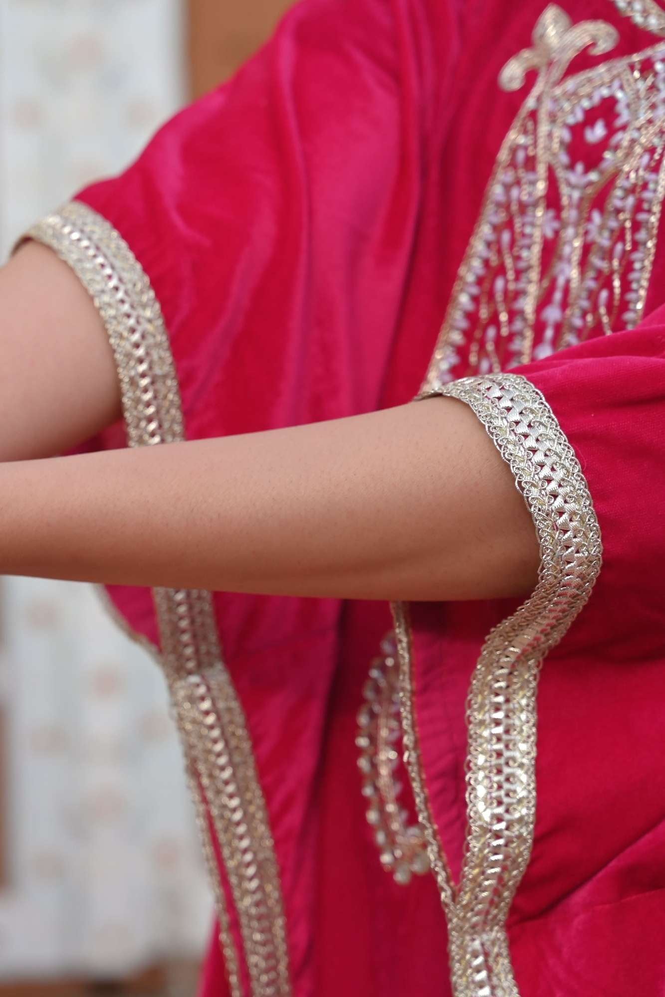 Mumtaz Velvet Kaftan in Rani Pink with Handwork on Yoke | Made To Order