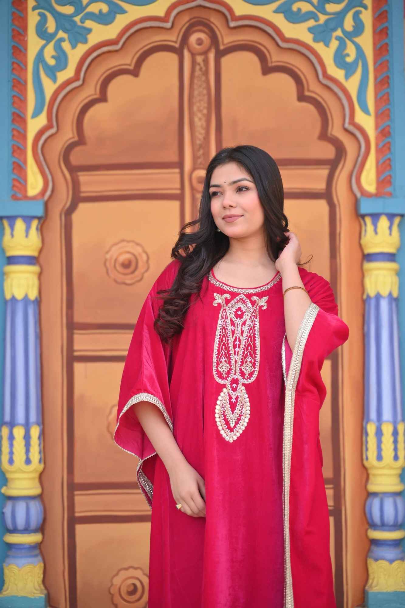 Mumtaz Velvet Kaftan in Rani Pink with Handwork on Yoke | Made To Order