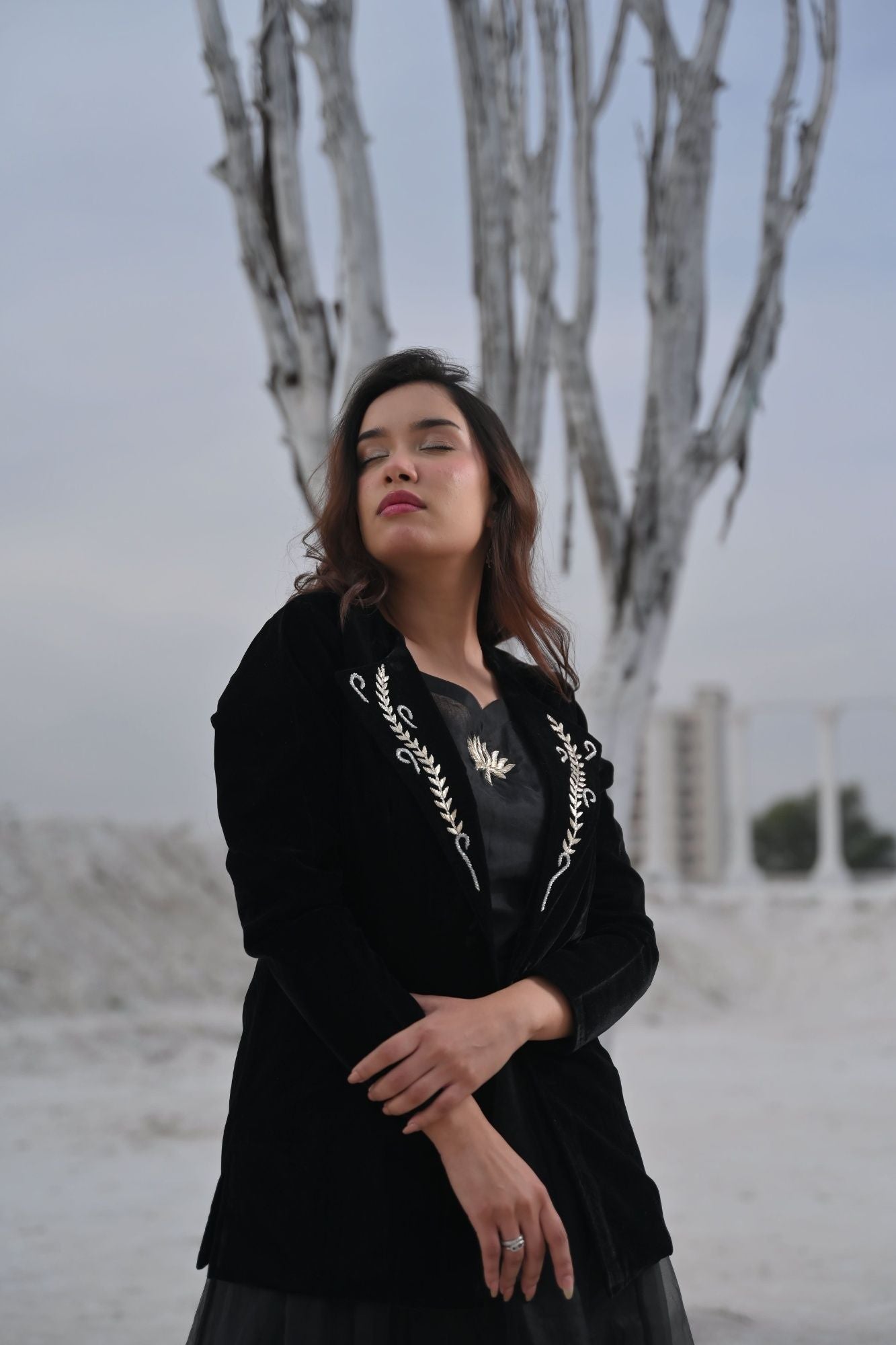 Saira Black Velvet Blazer with Handcrafted Embellishments, Made to Order