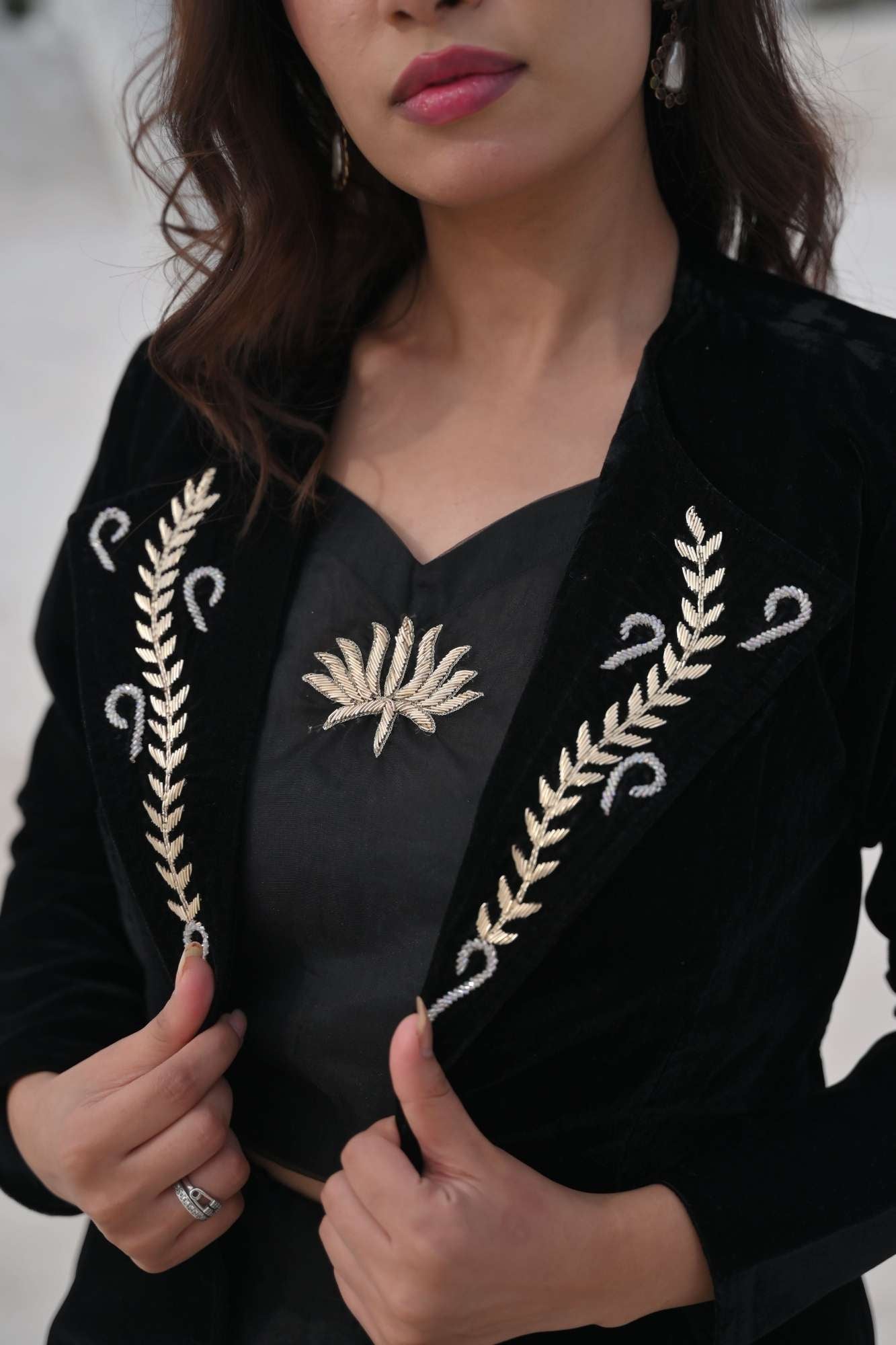 Saira Black Velvet Blazer with Handcrafted Embellishments, Made to Order