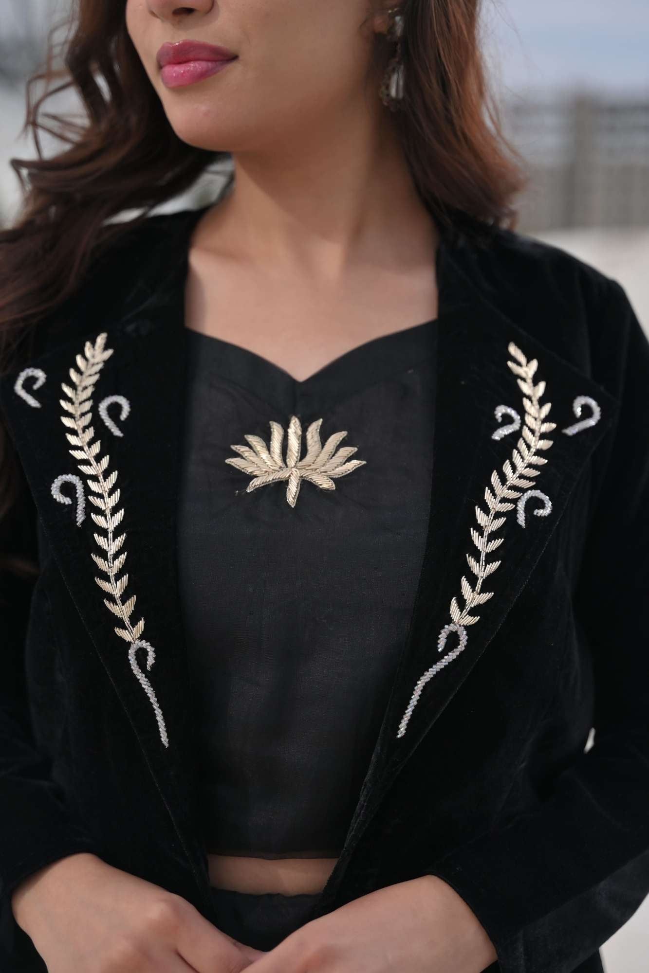 Saira Black Velvet Blazer with Handcrafted Embellishments, Made to Order