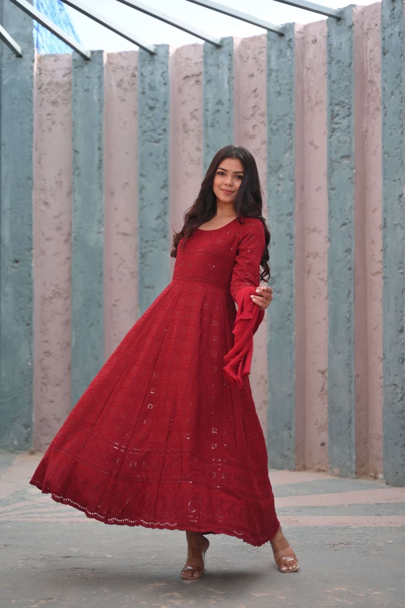 Ruby Chikankari Style Eyelet Anarkali Set in Red 3 Piece Set | Shobitam Made to Order