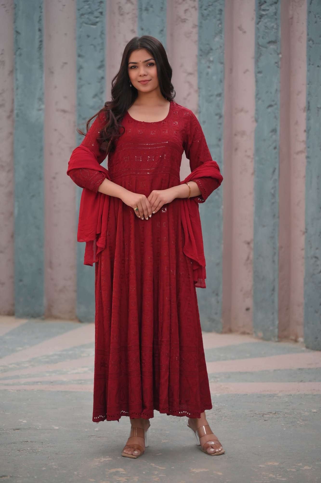 Ruby Chikankari Style Eyelet Anarkali Set in Red 3 Piece Set | Shobitam Made to Order