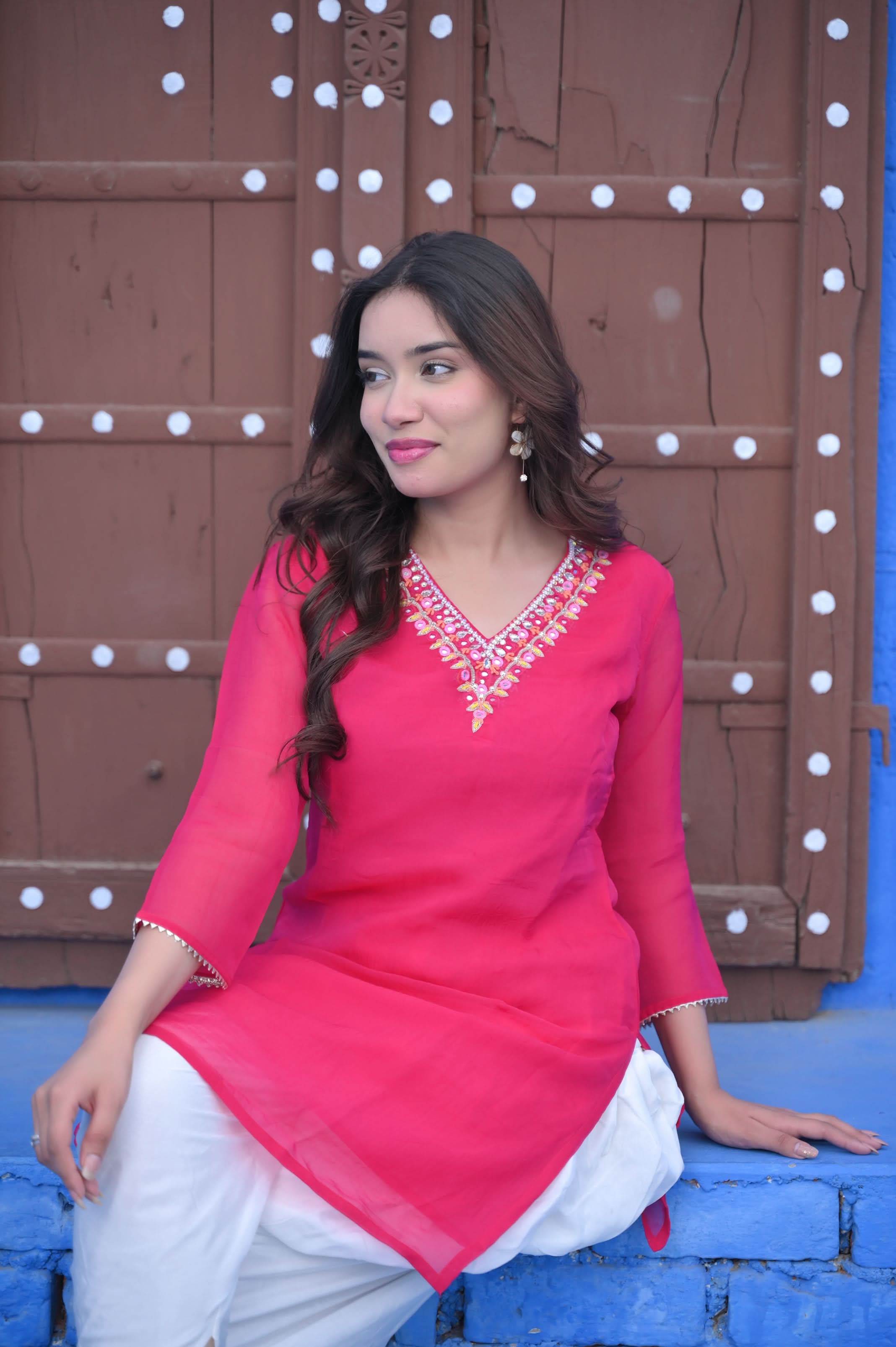 Alia Organza Rani Kurta Set in Rani pink with White Muslin Dhoti Pants | Made To Order